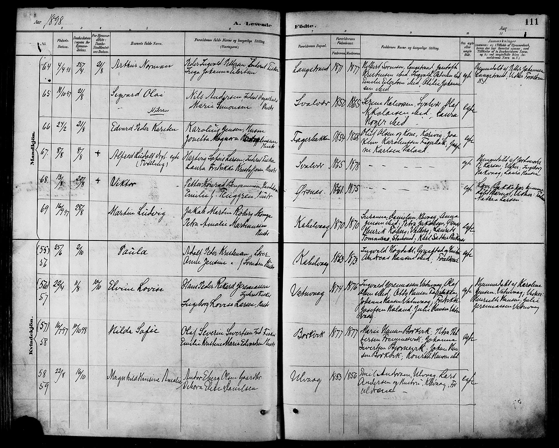 Ministerialprotokoller, klokkerbøker og fødselsregistre - Nordland, AV/SAT-A-1459/874/L1060: Parish register (official) no. 874A04, 1890-1899, p. 111