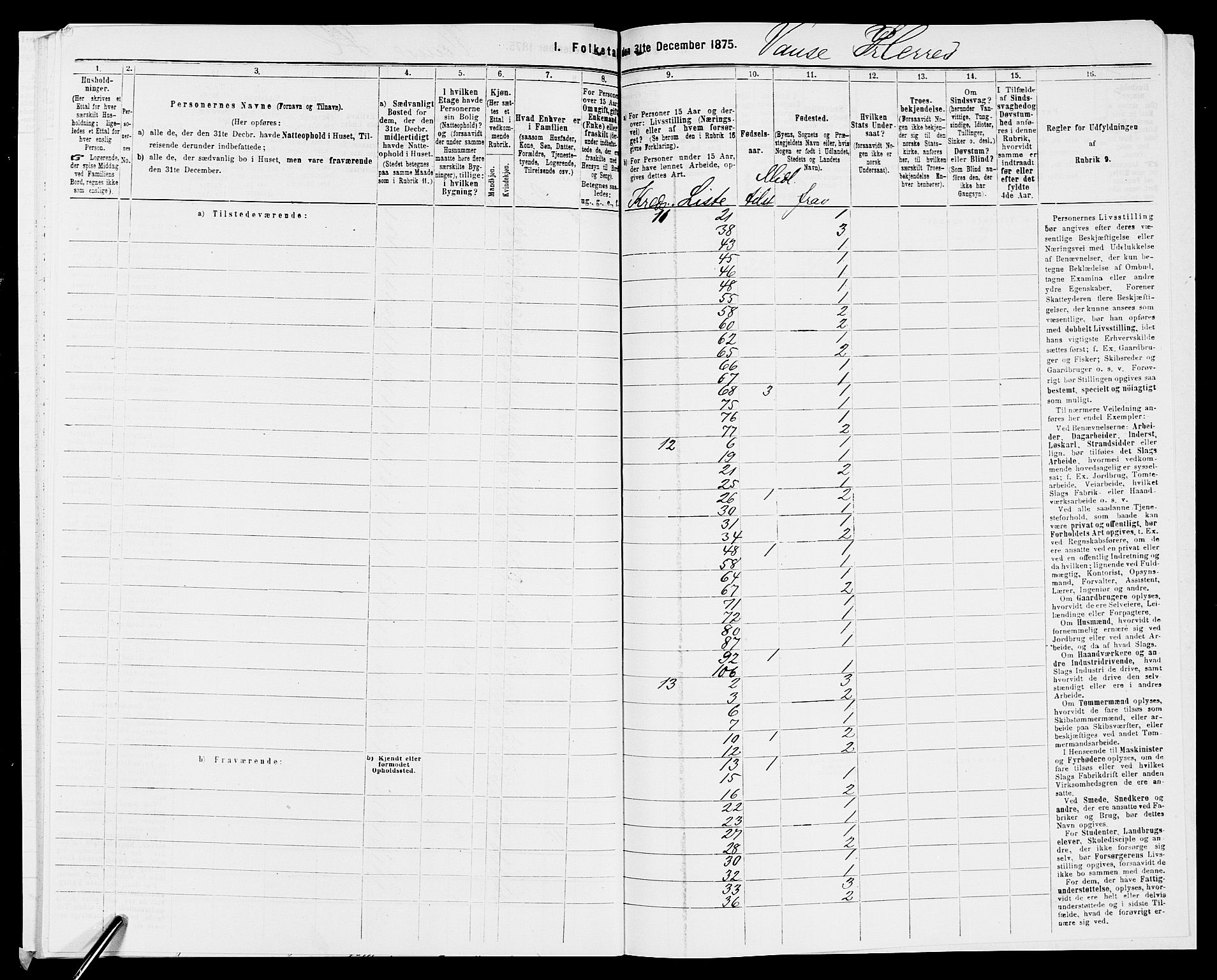 SAK, 1875 census for 1041L Vanse/Vanse og Farsund, 1875, p. 98