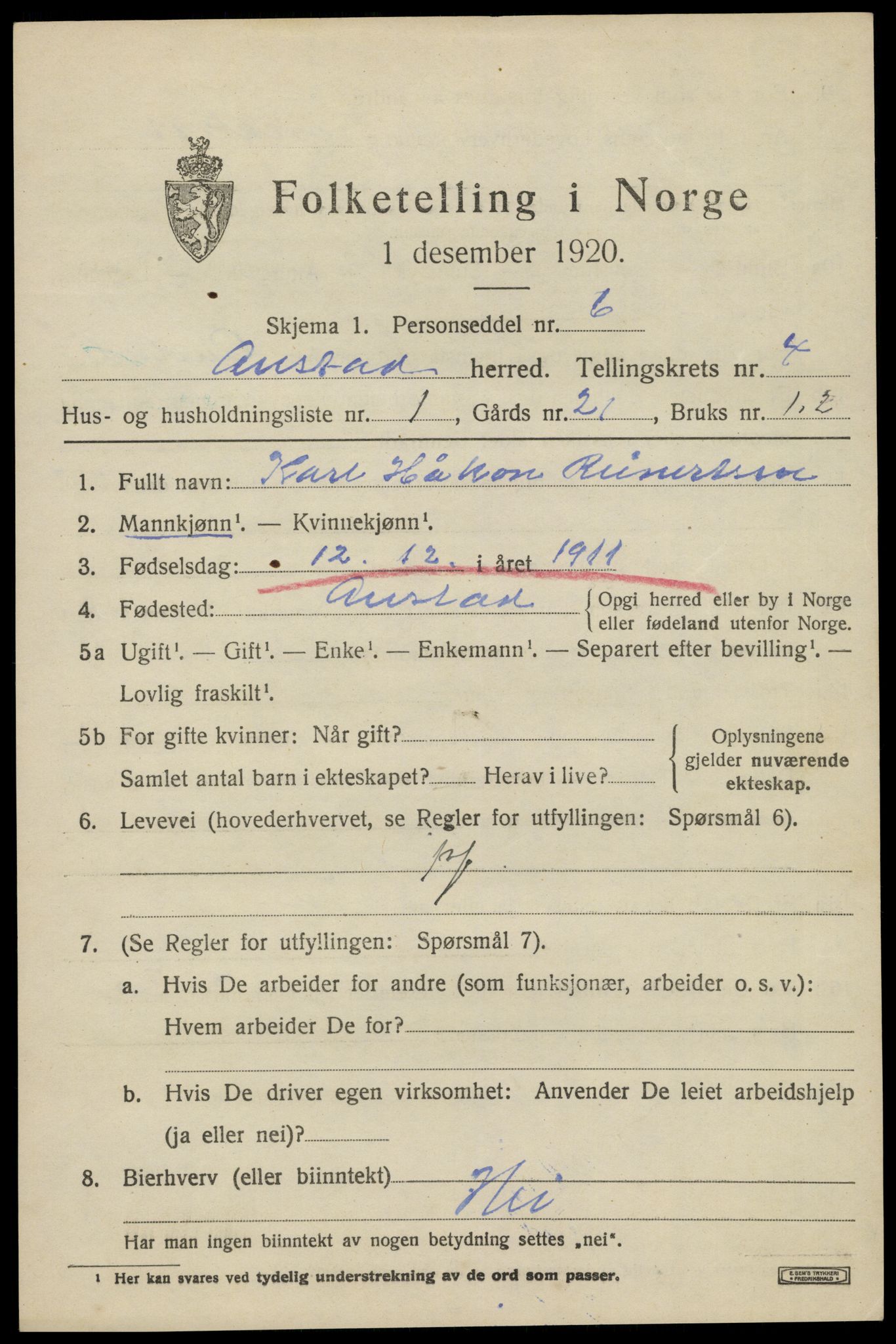 SAK, 1920 census for Austad, 1920, p. 1415