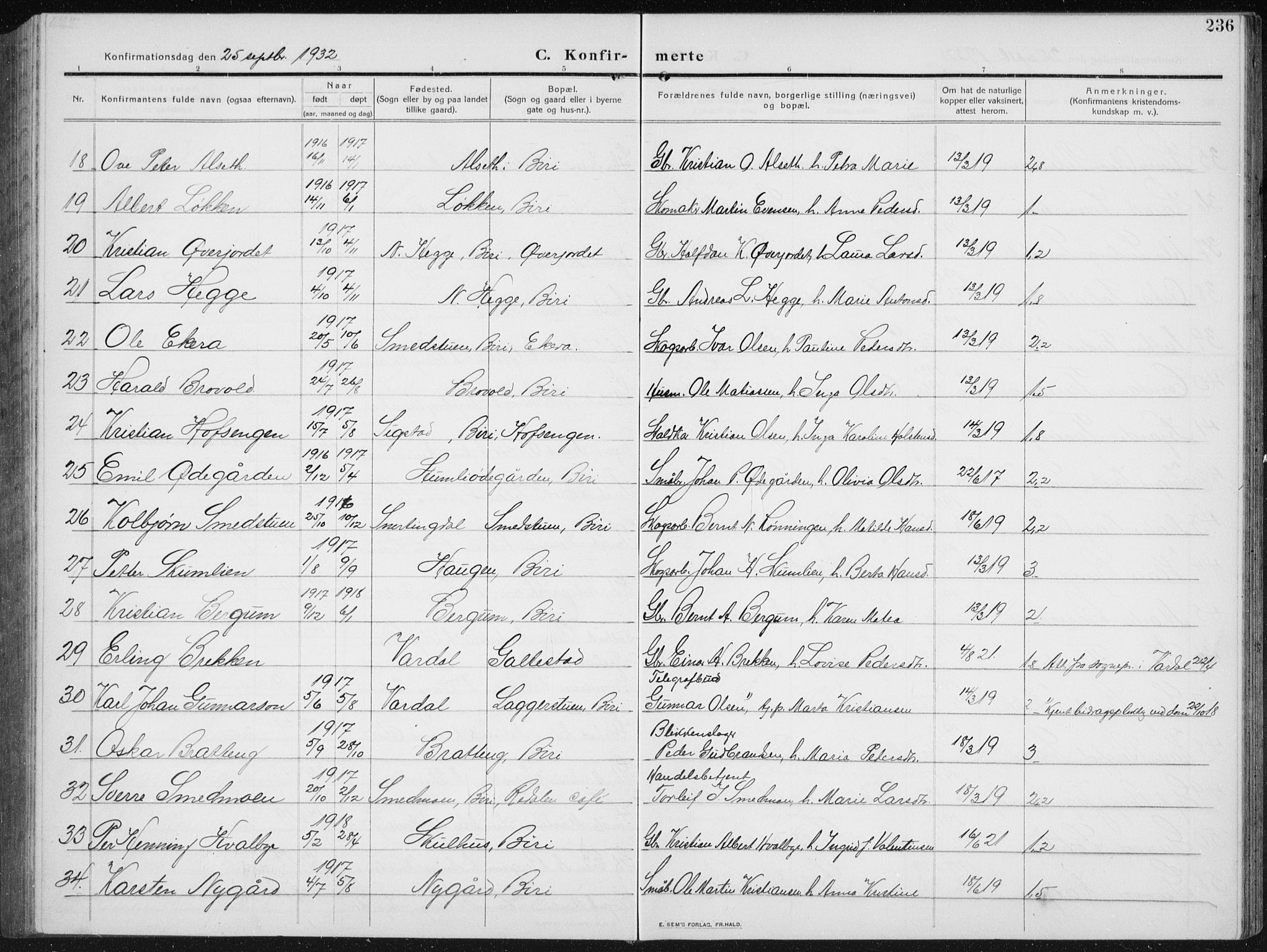 Biri prestekontor, AV/SAH-PREST-096/H/Ha/Hab/L0006: Parish register (copy) no. 6, 1909-1938, p. 236