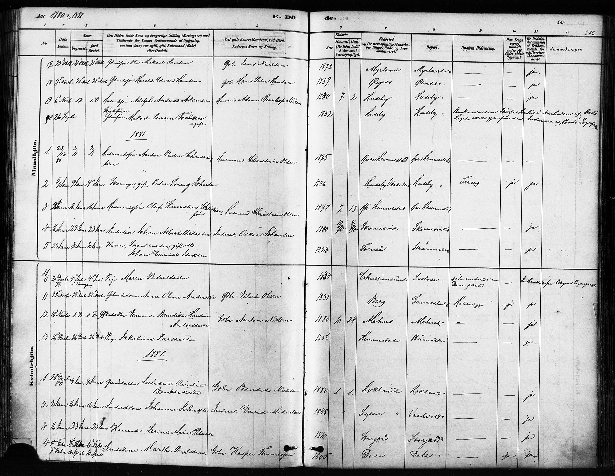 Kvæfjord sokneprestkontor, SATØ/S-1323/G/Ga/Gaa/L0005kirke: Parish register (official) no. 5, 1878-1894, p. 283