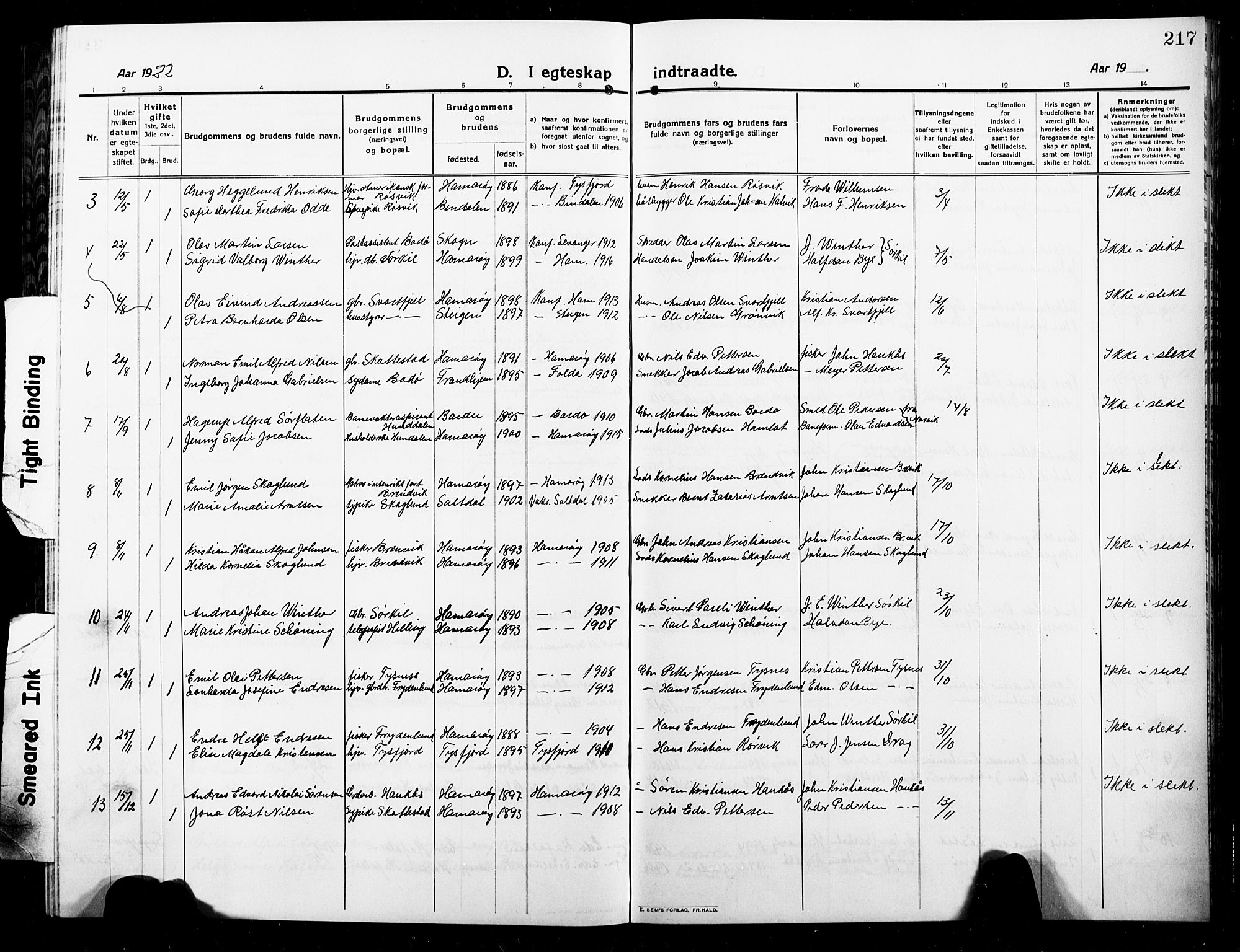 Ministerialprotokoller, klokkerbøker og fødselsregistre - Nordland, AV/SAT-A-1459/859/L0861: Parish register (copy) no. 859C07, 1910-1925, p. 217