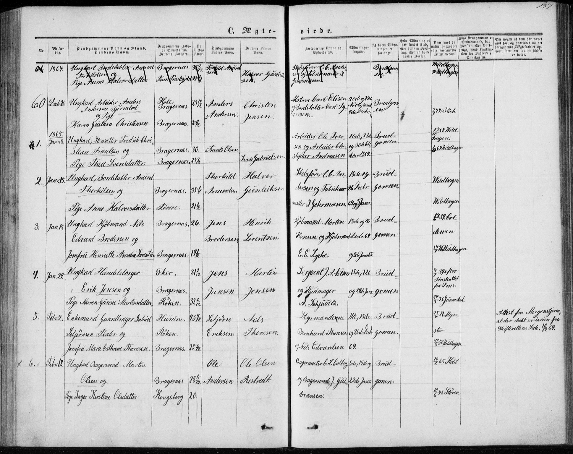 Bragernes kirkebøker, AV/SAKO-A-6/F/Fc/L0002: Parish register (official) no. III 2, 1854-1865, p. 137