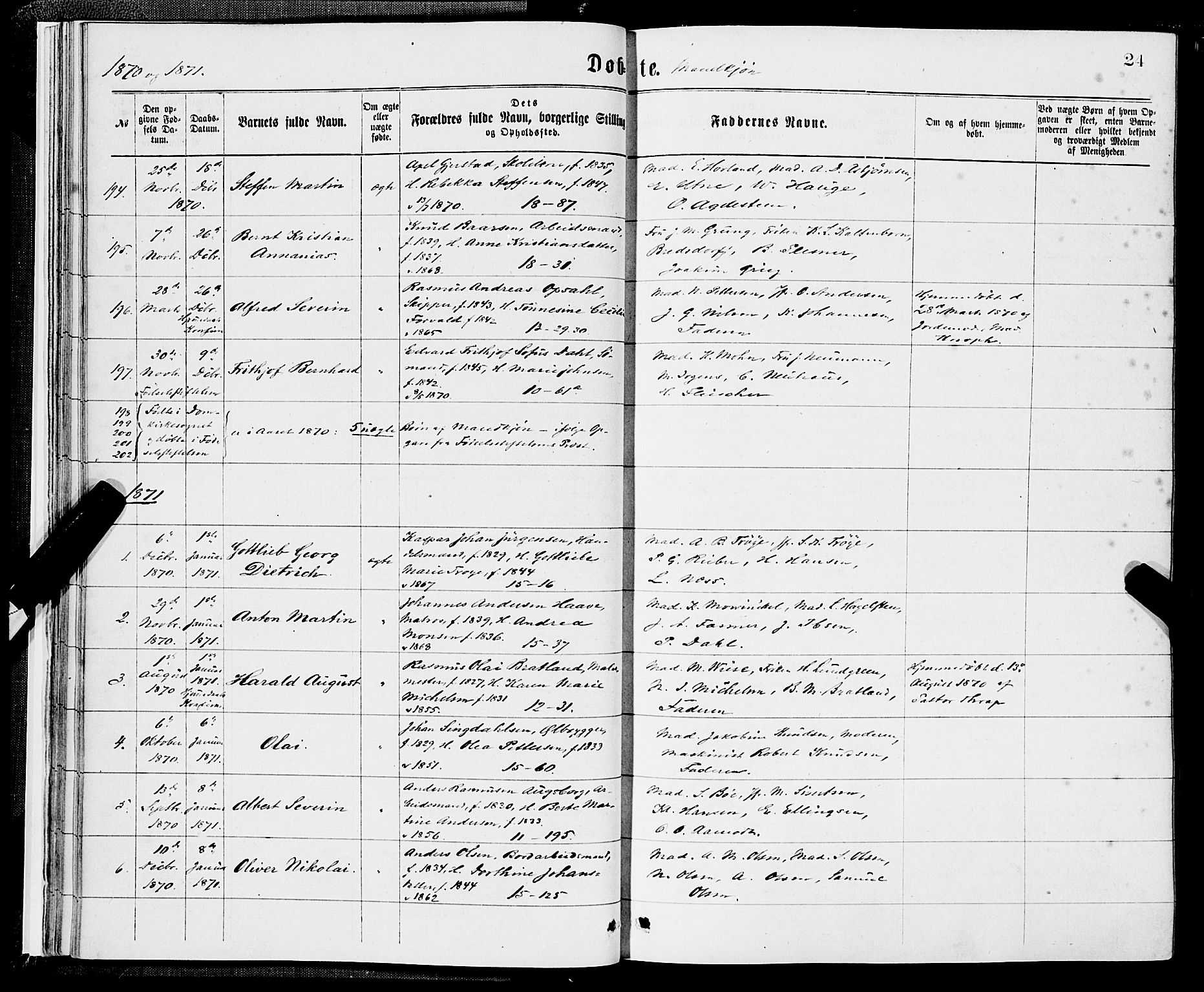Domkirken sokneprestembete, SAB/A-74801/H/Hab/L0013: Parish register (copy) no. B 6, 1869-1876, p. 24