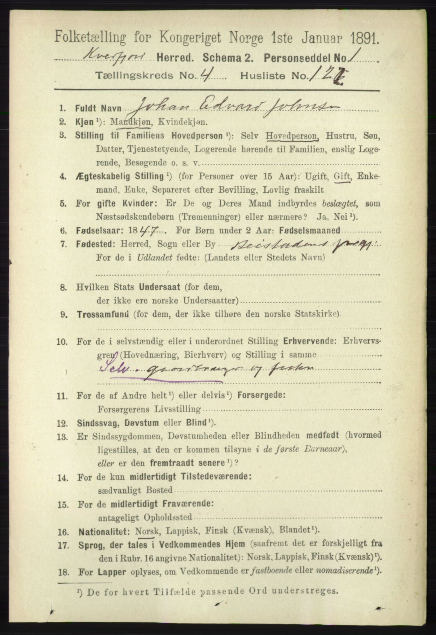 RA, 1891 census for 1911 Kvæfjord, 1891, p. 2694