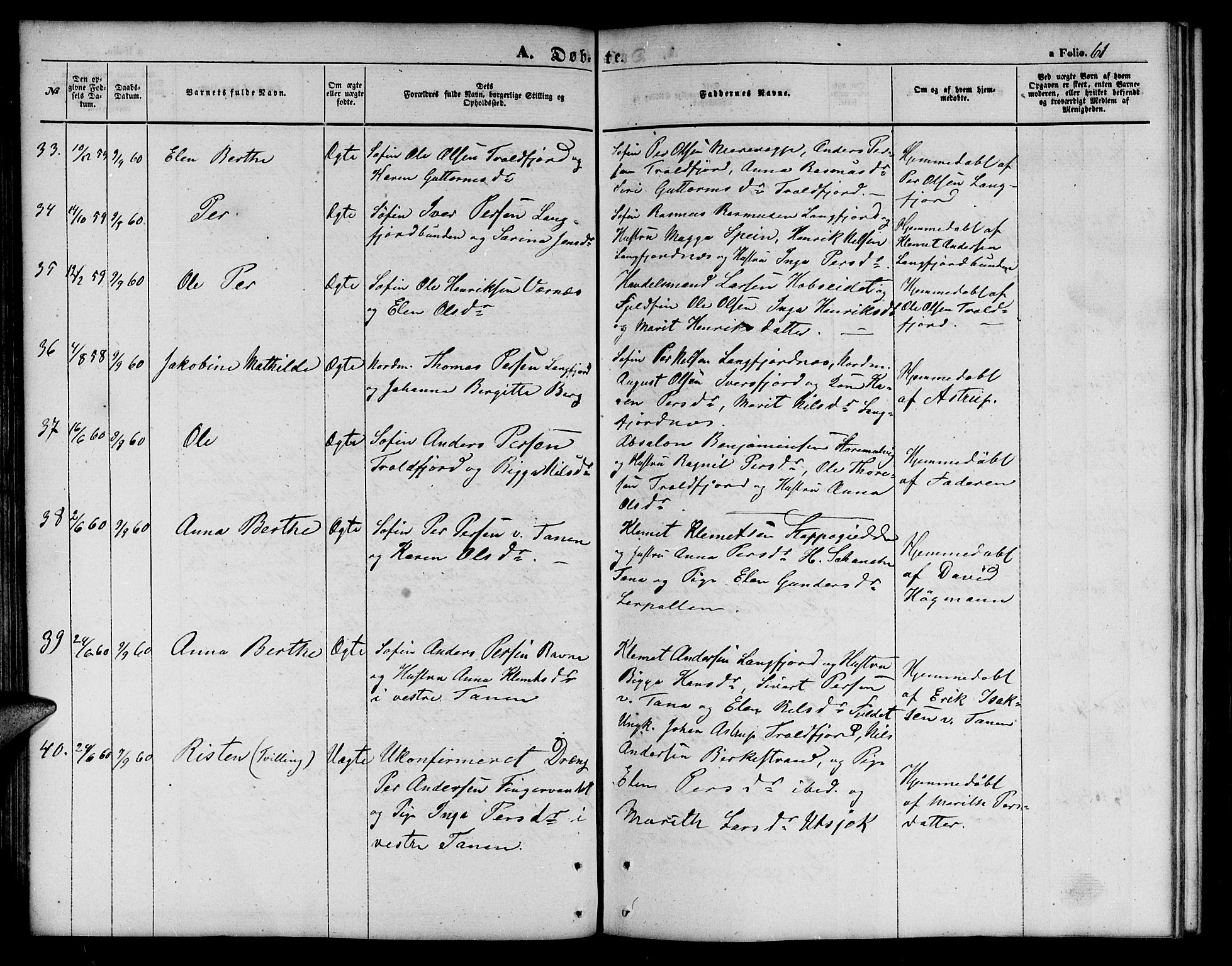 Tana sokneprestkontor, SATØ/S-1334/H/Hb/L0001klokker: Parish register (copy) no. 1 /1, 1853-1867, p. 61