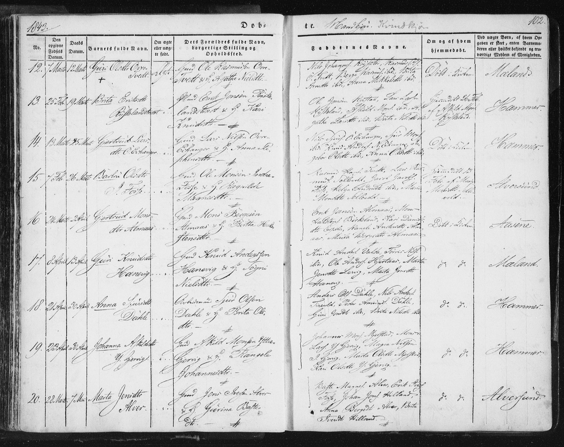 Hamre sokneprestembete, AV/SAB-A-75501/H/Ha/Haa/Haaa/L0012: Parish register (official) no. A 12, 1834-1845, p. 102