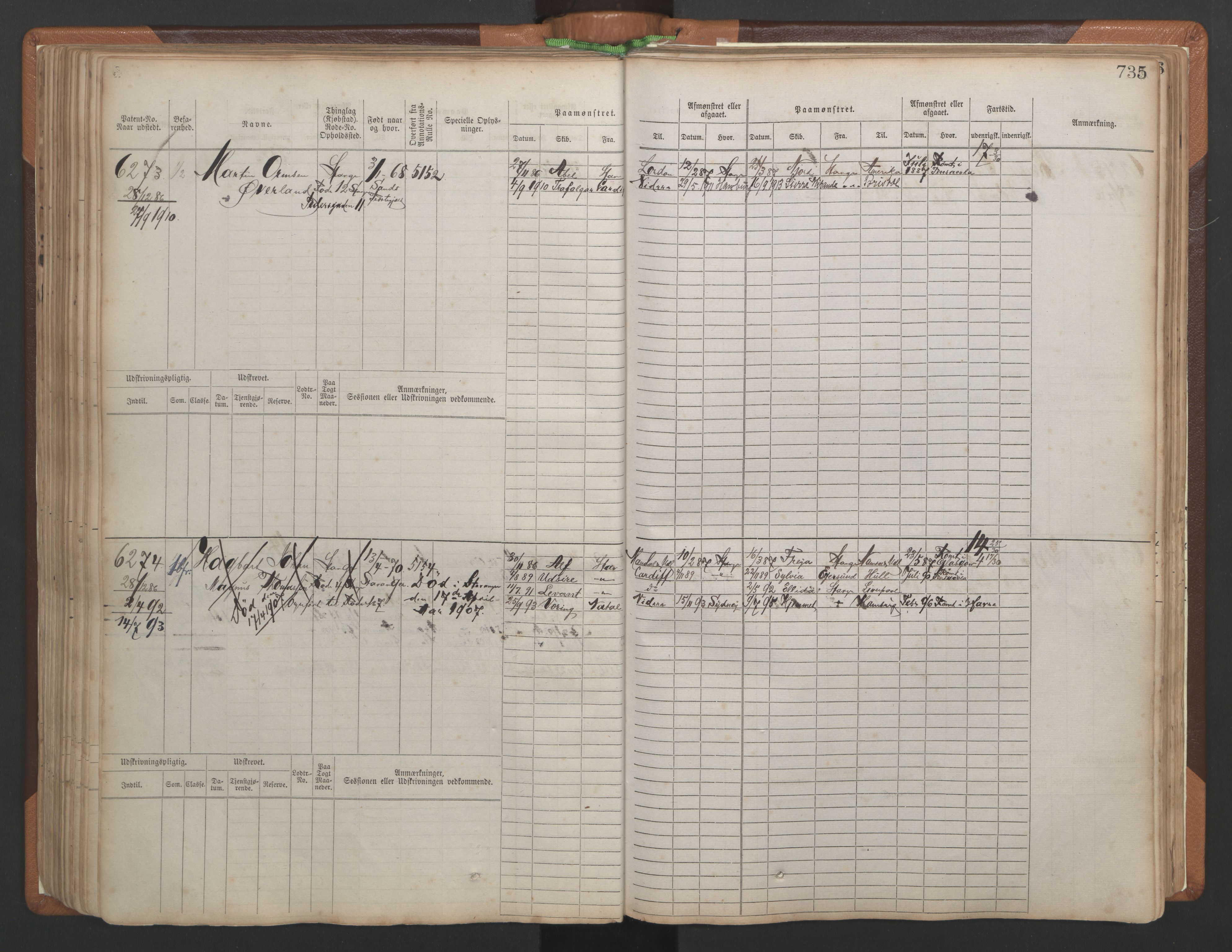 Stavanger sjømannskontor, AV/SAST-A-102006/F/Fb/Fbb/L0010: Sjøfartshovedrulle, patentnr. 6007-6606 (del 1), 1887-1896, p. 139