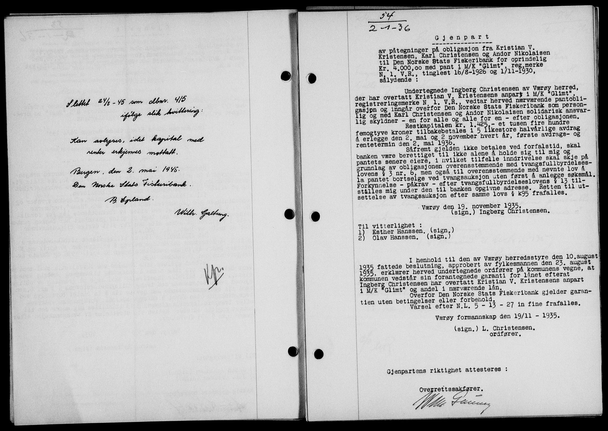 Lofoten sorenskriveri, SAT/A-0017/1/2/2C/L0033b: Mortgage book no. 33b, 1936-1936, Diary no: : 54/1936