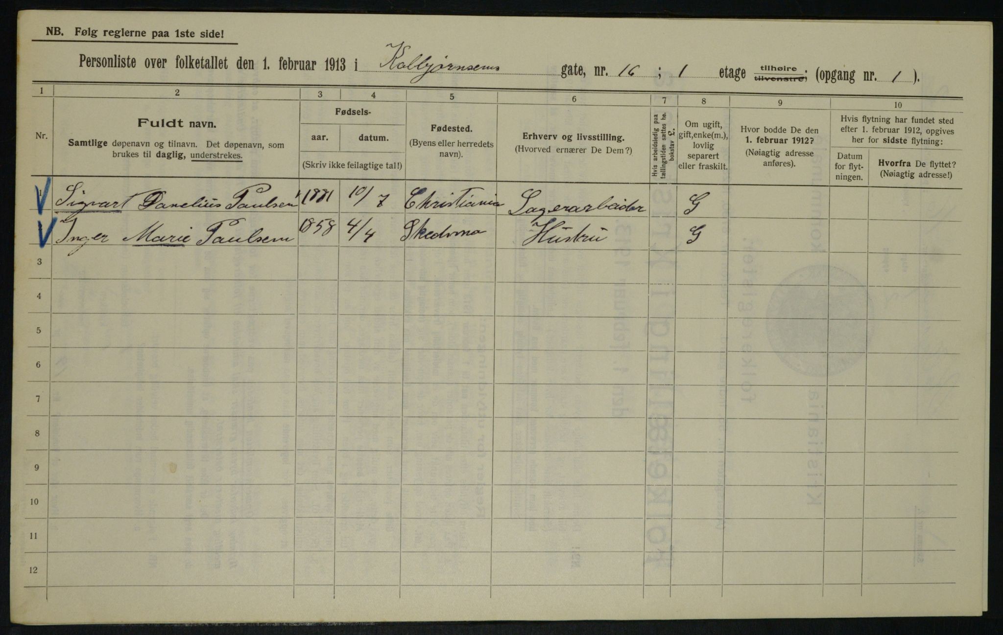 OBA, Municipal Census 1913 for Kristiania, 1913, p. 13087