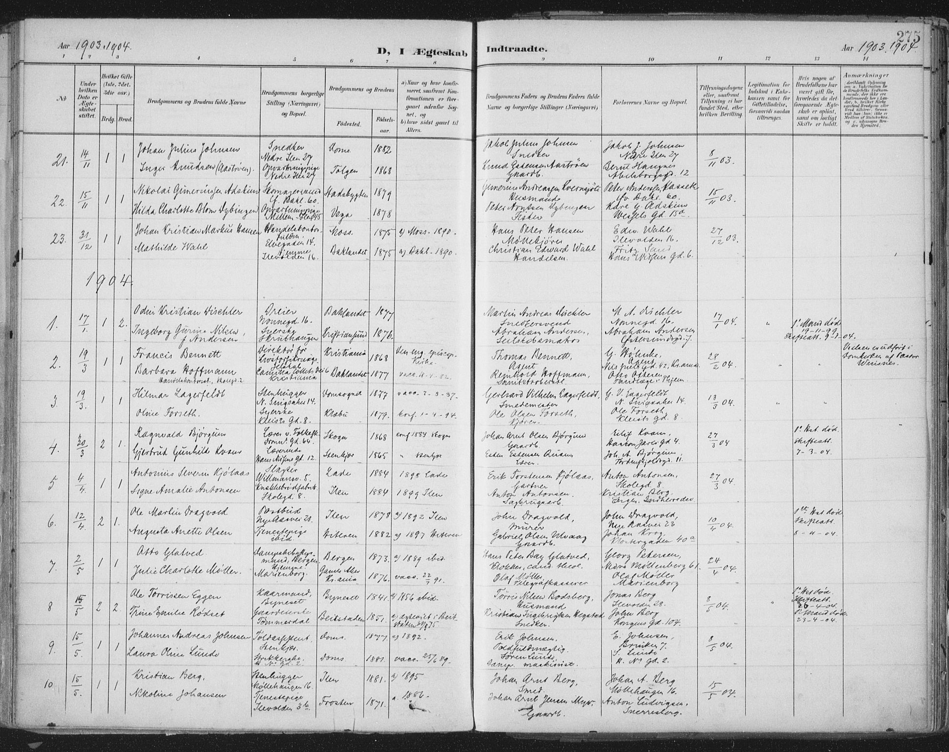 Ministerialprotokoller, klokkerbøker og fødselsregistre - Sør-Trøndelag, SAT/A-1456/603/L0167: Parish register (official) no. 603A06, 1896-1932, p. 275