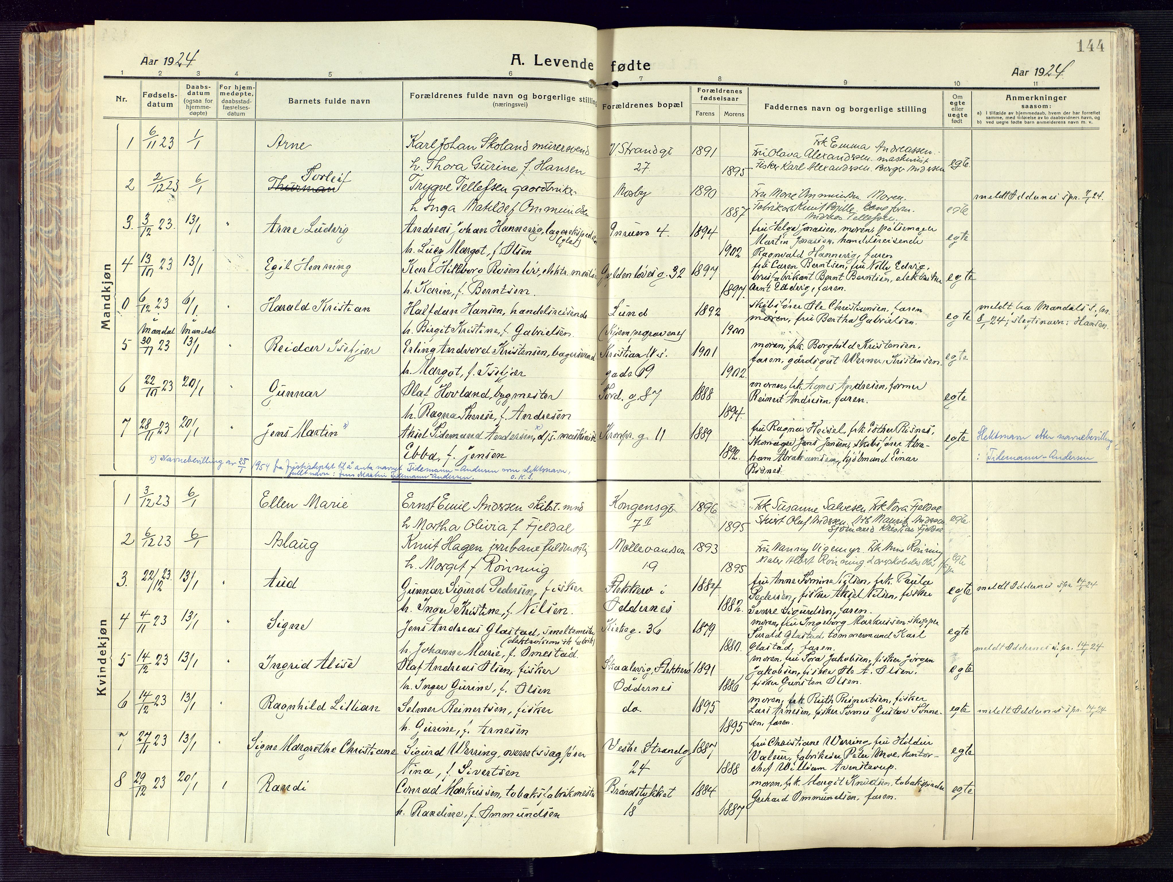 Kristiansand domprosti, AV/SAK-1112-0006/F/Fa/L0024: Parish register (official) no. A 23, 1918-1928, p. 144