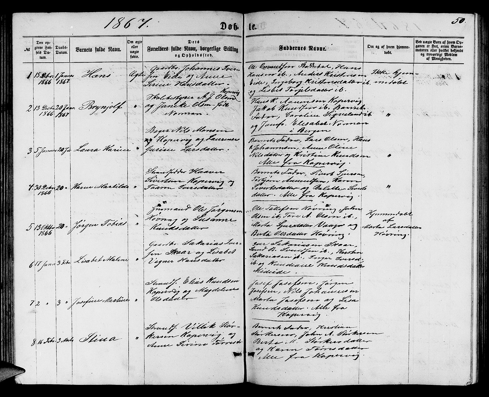 Avaldsnes sokneprestkontor, AV/SAST-A -101851/H/Ha/Hab/L0004: Parish register (copy) no. B 4, 1861-1876, p. 50