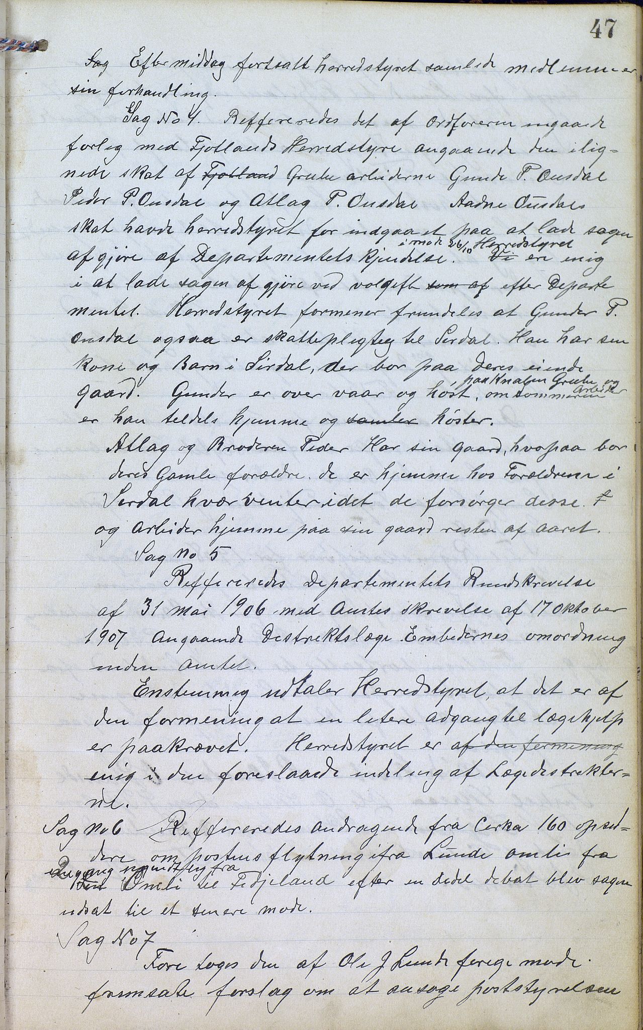 Øvre Sirdal kommune - Formannskapet/Kommunestyret, ARKSOR/1046ØS120/A/L0001: Møtebok (d), 1905-1917, p. 47