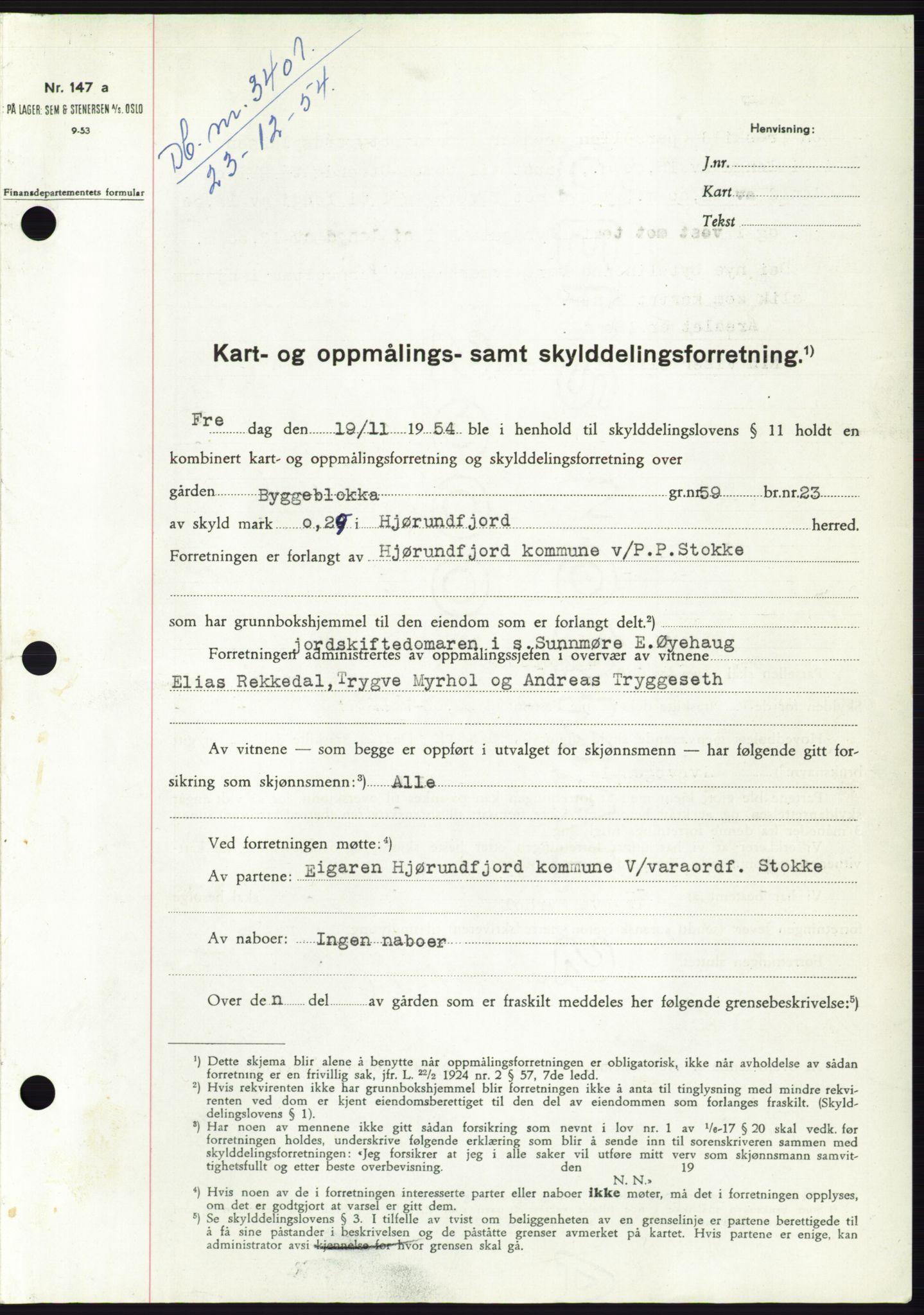 Søre Sunnmøre sorenskriveri, AV/SAT-A-4122/1/2/2C/L0099: Mortgage book no. 25A, 1954-1954, Diary no: : 3401/1954