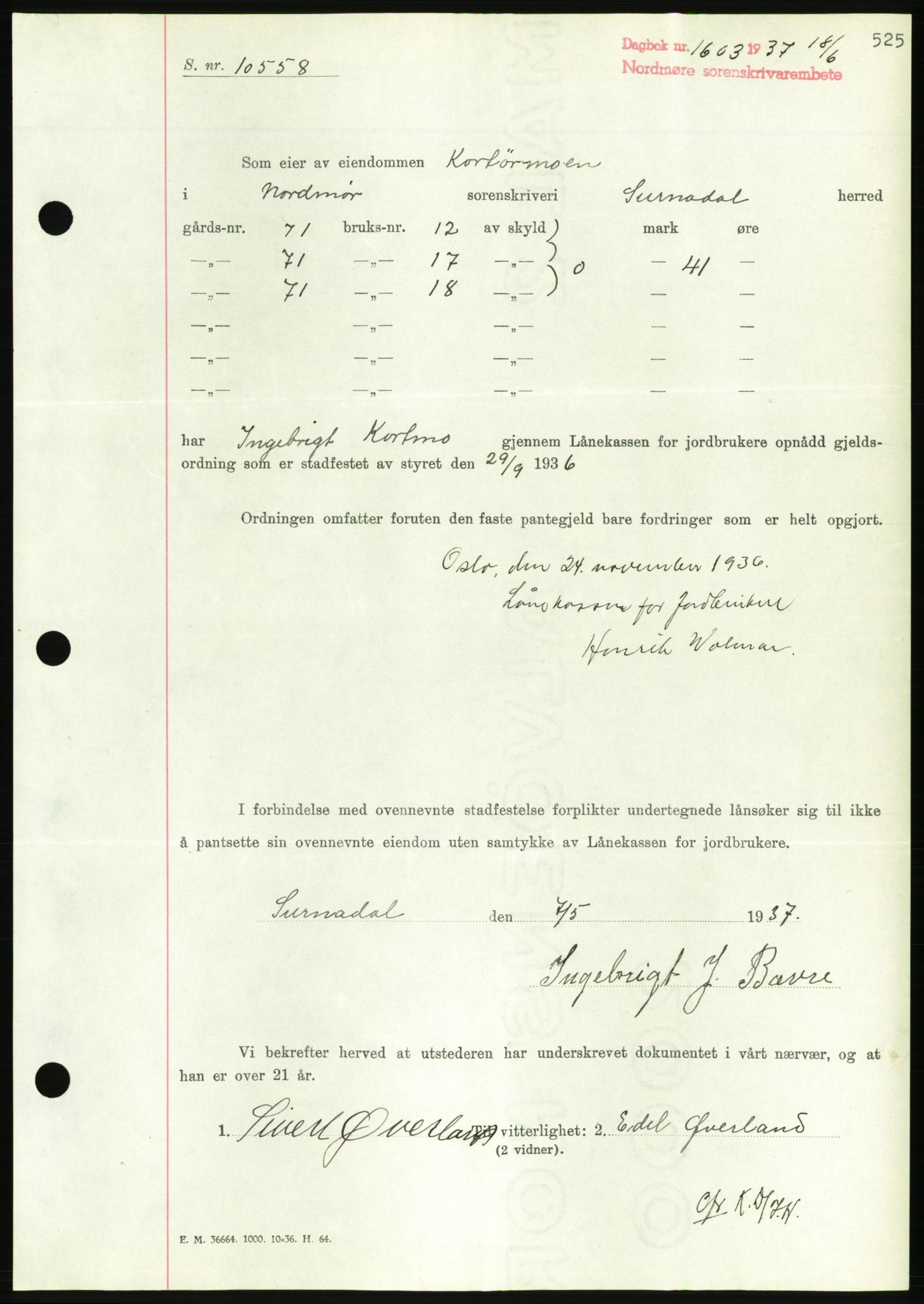 Nordmøre sorenskriveri, AV/SAT-A-4132/1/2/2Ca/L0091: Mortgage book no. B81, 1937-1937, Diary no: : 1603/1937