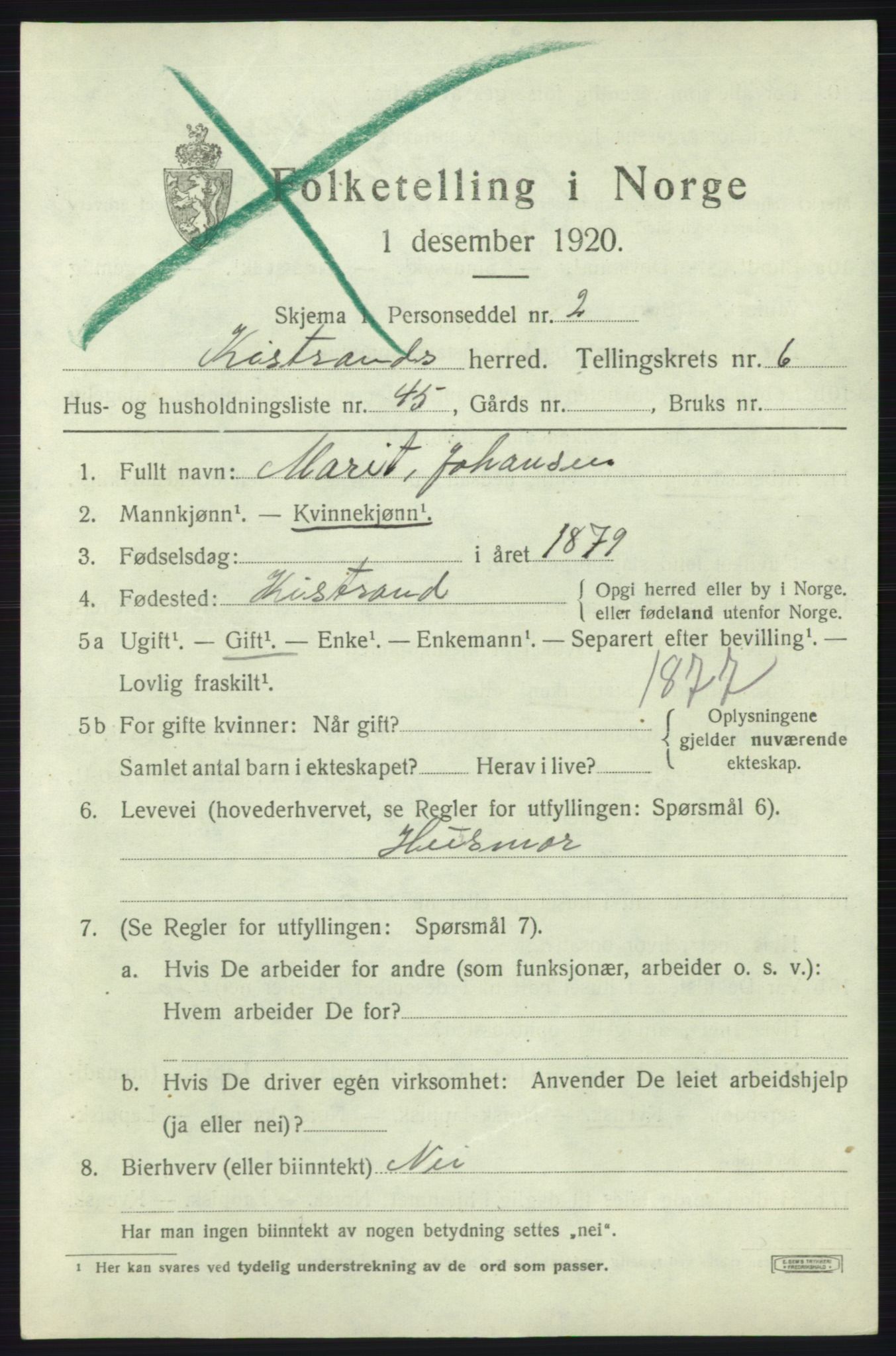 SATØ, 1920 census for Kistrand, 1920, p. 4140