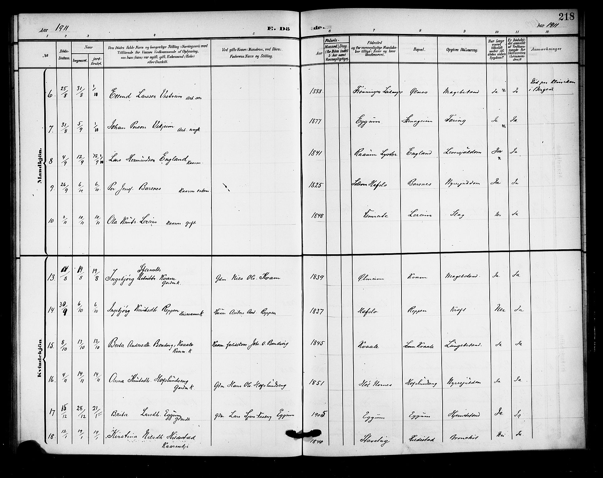 Sogndal sokneprestembete, AV/SAB-A-81301/H/Hab/Haba/L0002: Parish register (copy) no. A 2, 1908-1924, p. 218