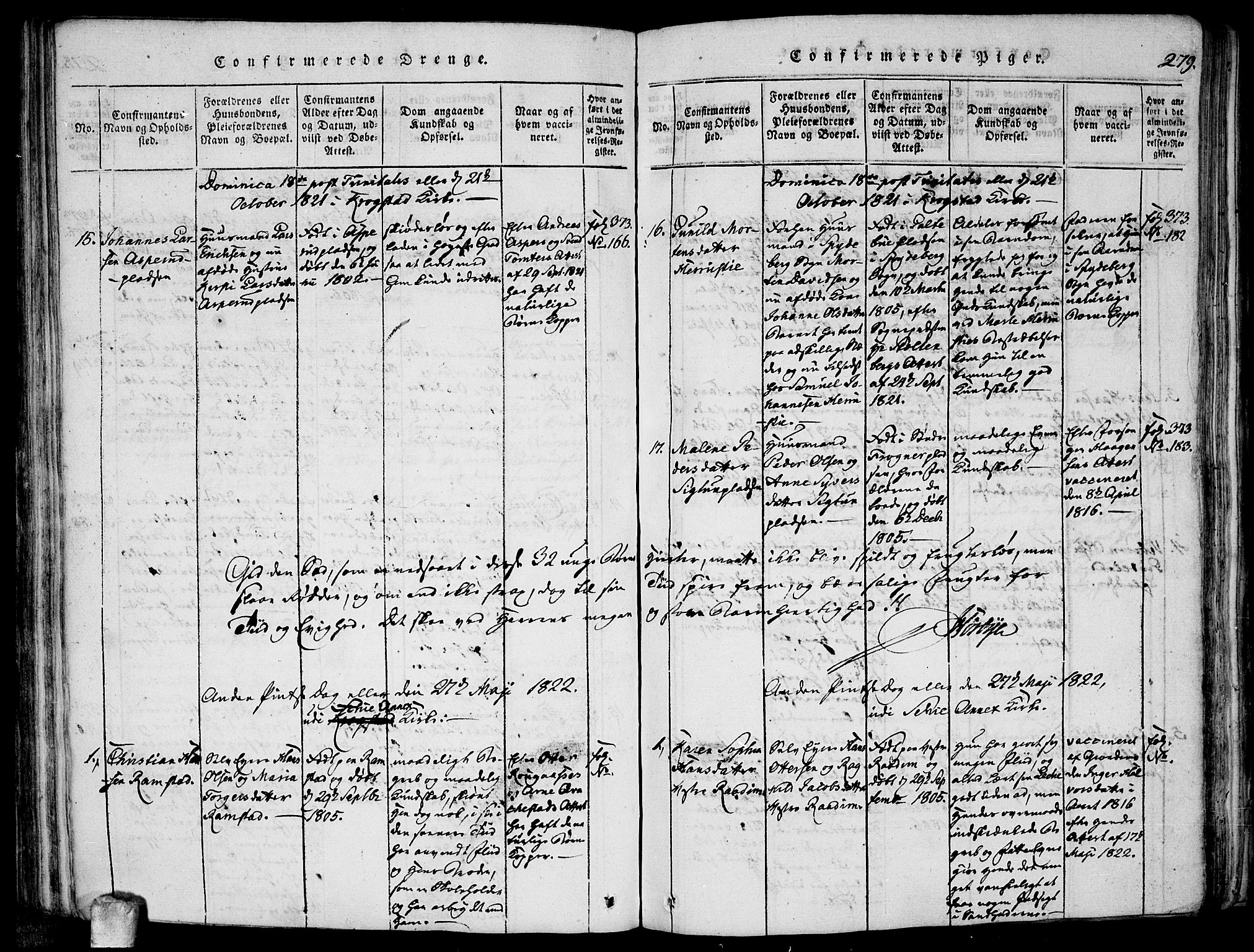 Kråkstad prestekontor Kirkebøker, SAO/A-10125a/F/Fa/L0003: Parish register (official) no. I 3, 1813-1824, p. 279
