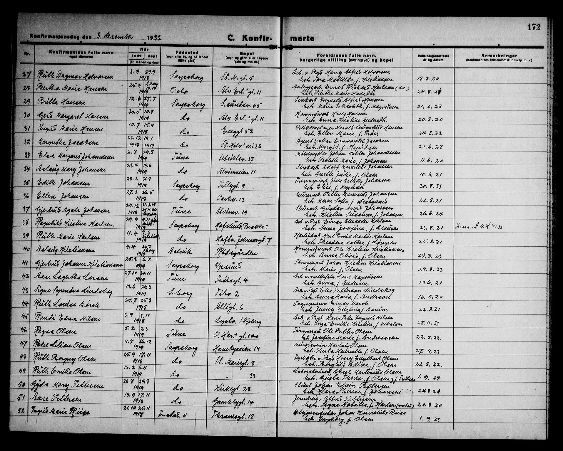 Sarpsborg prestekontor Kirkebøker, AV/SAO-A-2006/G/Ga/L0005: Parish register (copy) no. 5, 1932-1950, p. 172