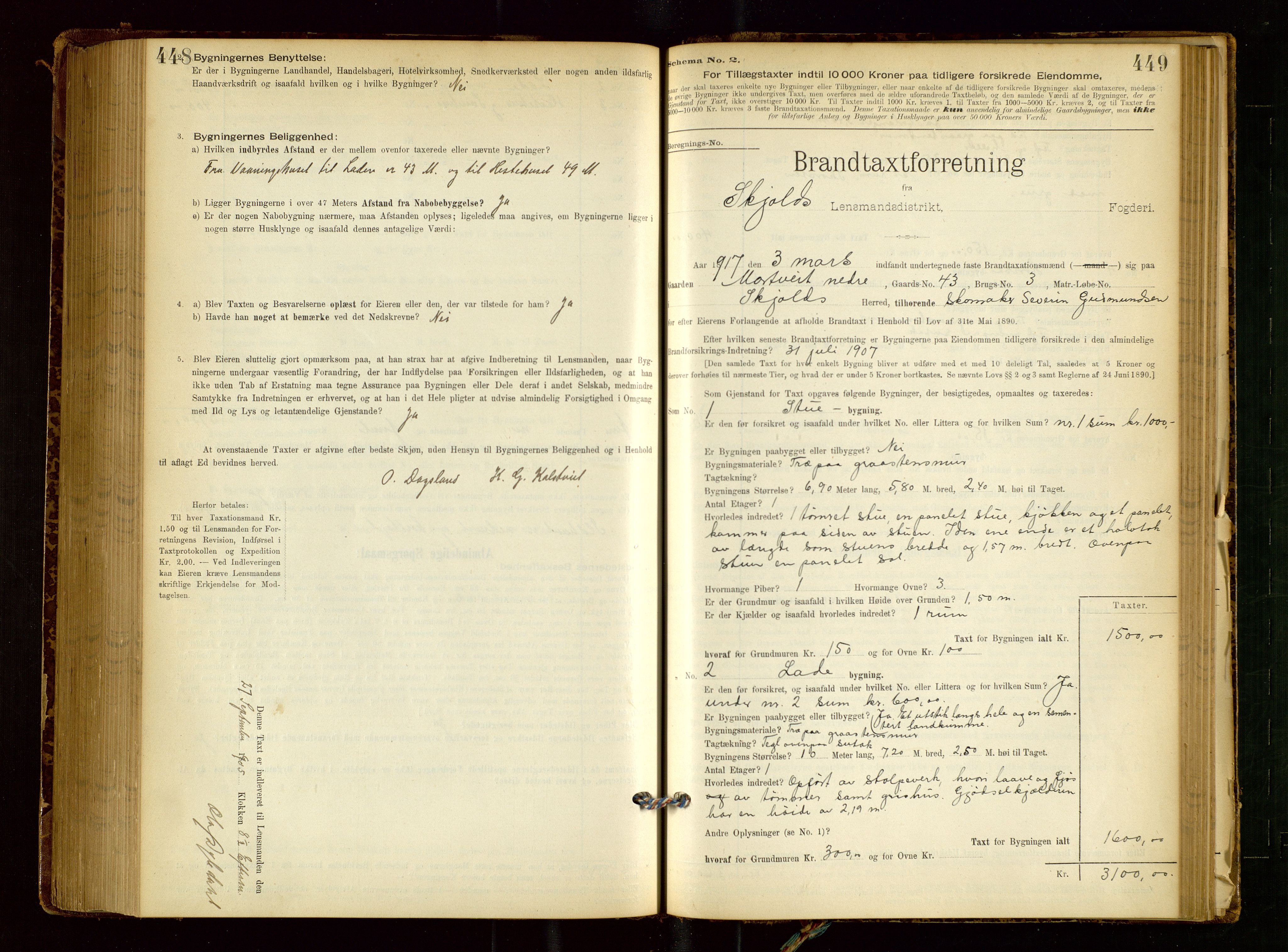 Skjold lensmannskontor, SAST/A-100182/Gob/L0001: "Brandtaxationsprotokol for Skjold Lensmandsdistrikt Ryfylke Fogderi", 1894-1939, p. 448-449