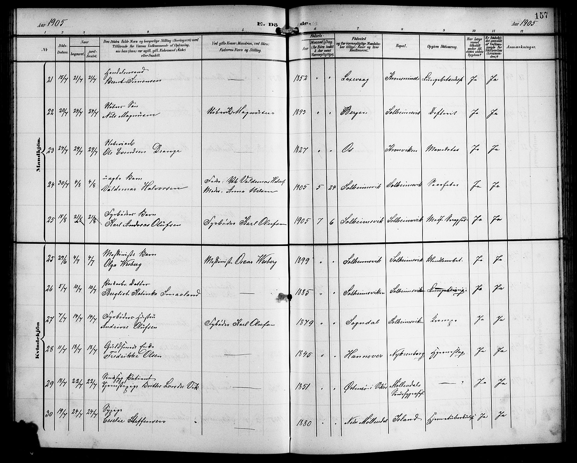 Årstad Sokneprestembete, SAB/A-79301/H/Hab/L0018: Parish register (copy) no. C 1, 1902-1919, p. 157