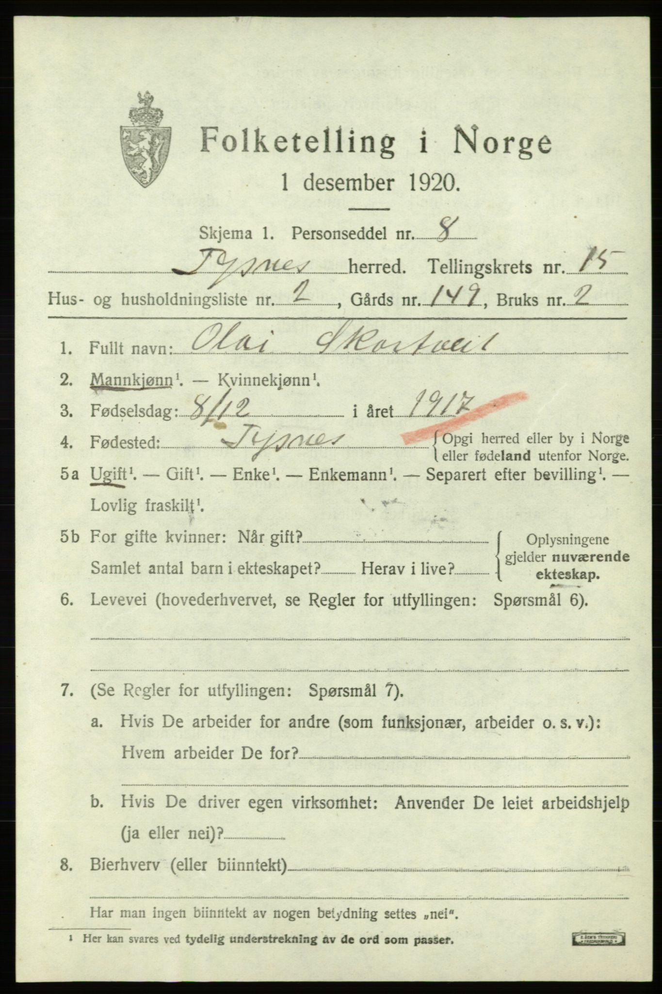 SAB, 1920 census for Tysnes, 1920, p. 9958