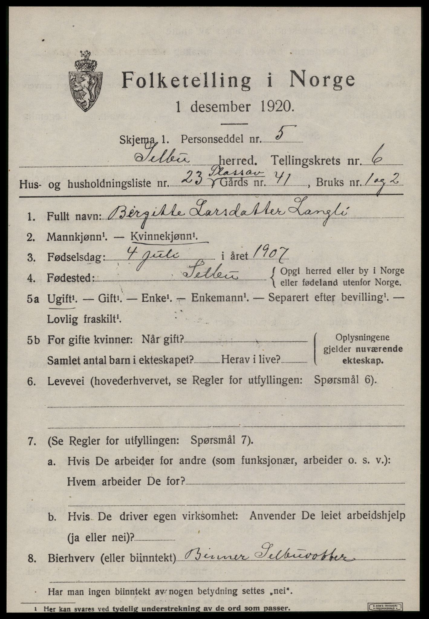 SAT, 1920 census for Selbu, 1920, p. 3732