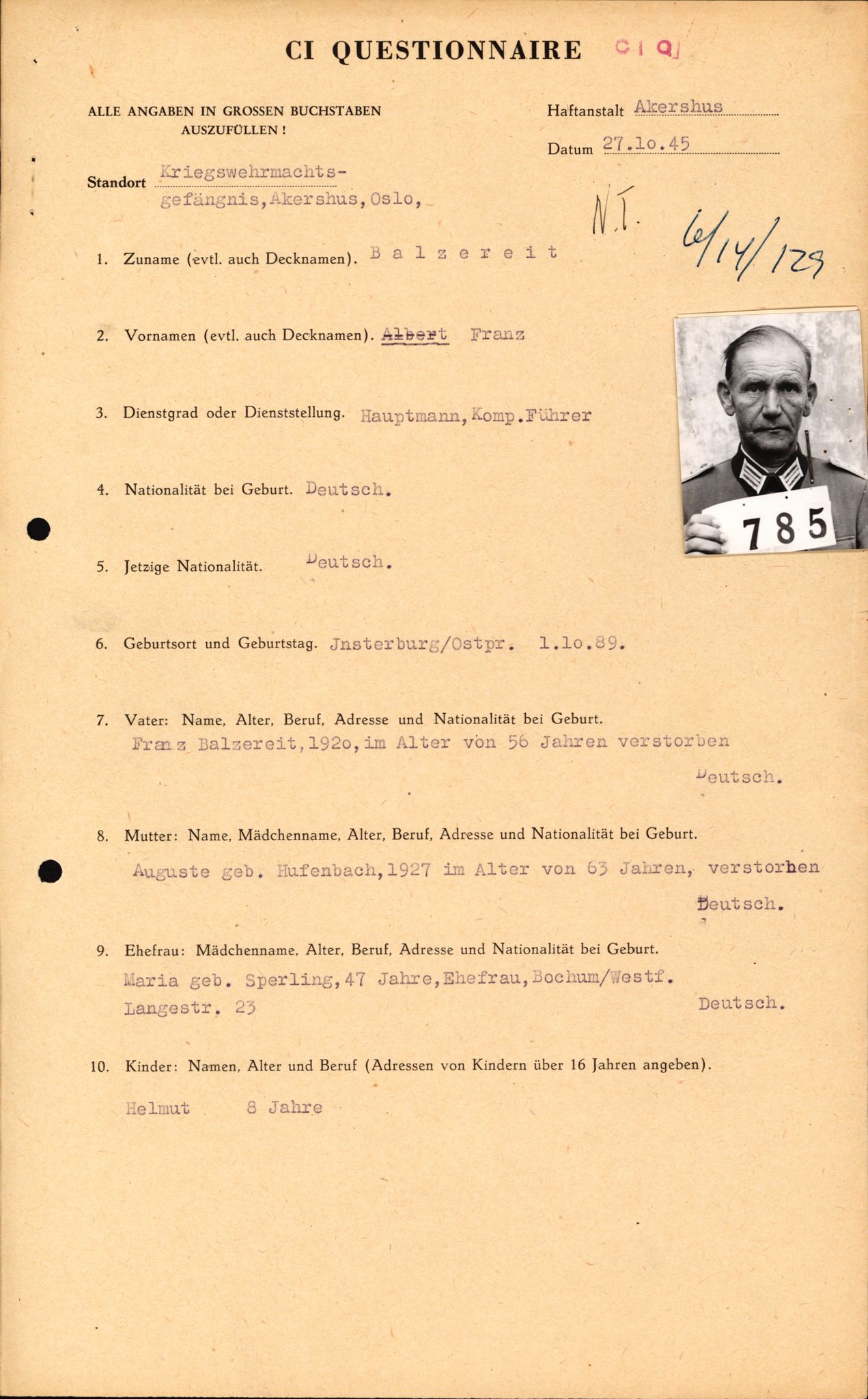 Forsvaret, Forsvarets overkommando II, RA/RAFA-3915/D/Db/L0002: CI Questionaires. Tyske okkupasjonsstyrker i Norge. Tyskere., 1945-1946, p. 40