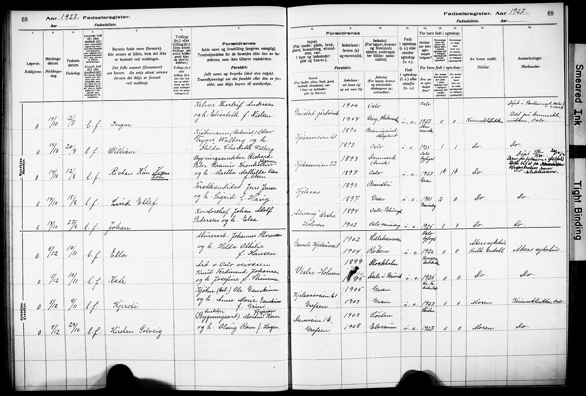 Vestre Aker prestekontor Kirkebøker, AV/SAO-A-10025/J/Ja/L0003: Birth register no. 3, 1926-1930, p. 68