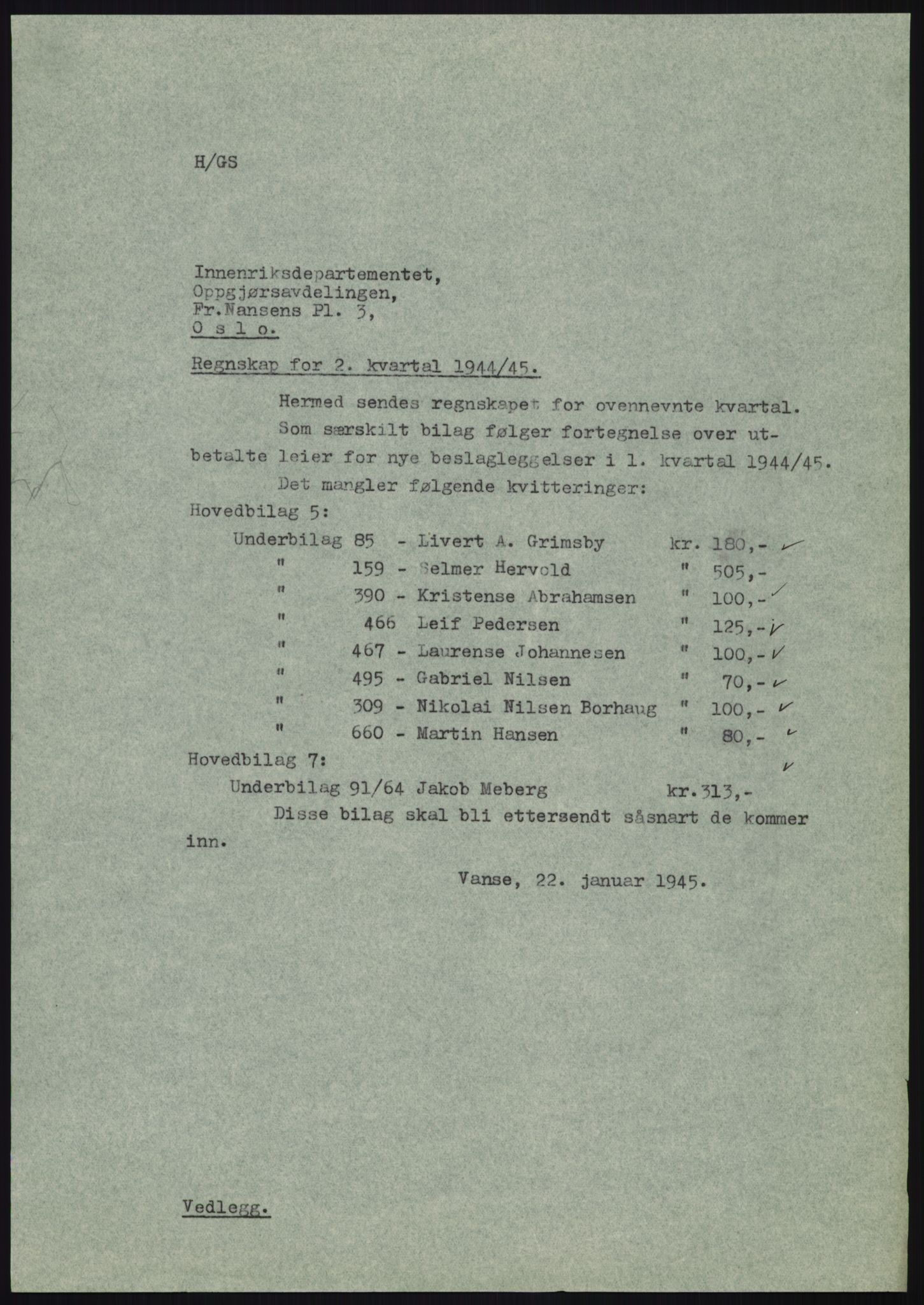 Forsvarsdepartementet, 10. kontor / Oppgjørskontoret, AV/RA-RAFA-1225/D/Db/L0180: Lista oppgjørskontor, 1942-1952, p. 137