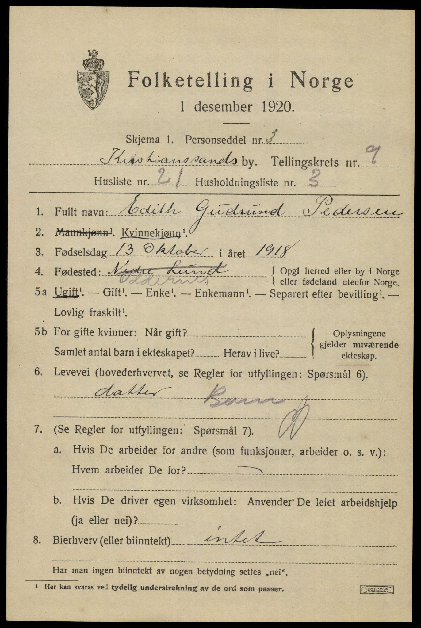 SAK, 1920 census for Kristiansand, 1920, p. 22899
