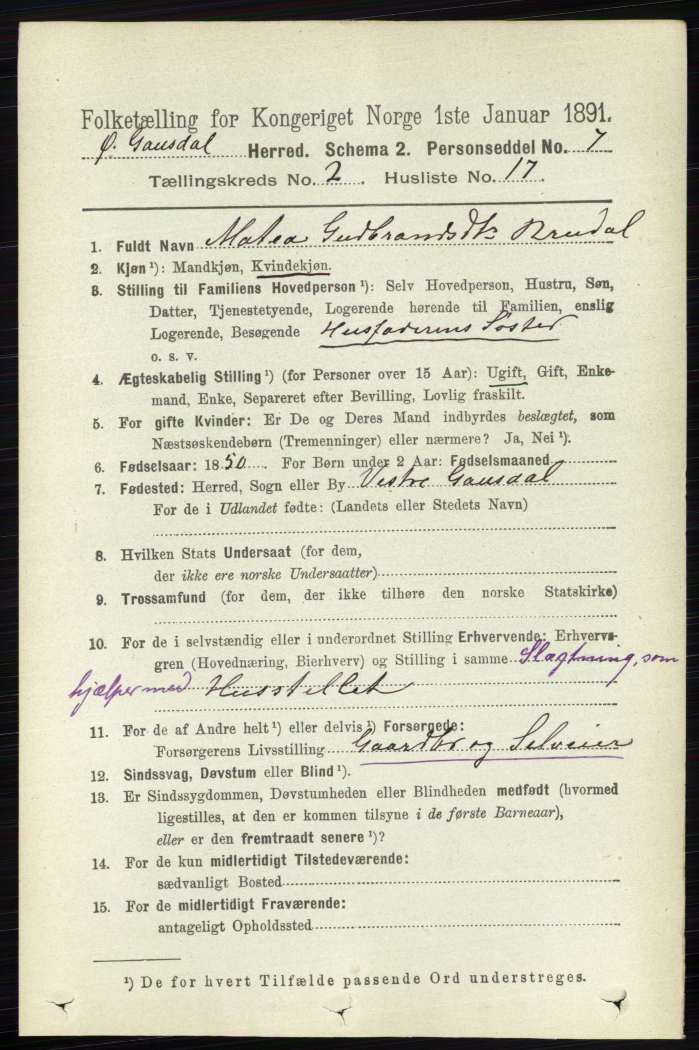 RA, 1891 census for 0522 Østre Gausdal, 1891, p. 1313