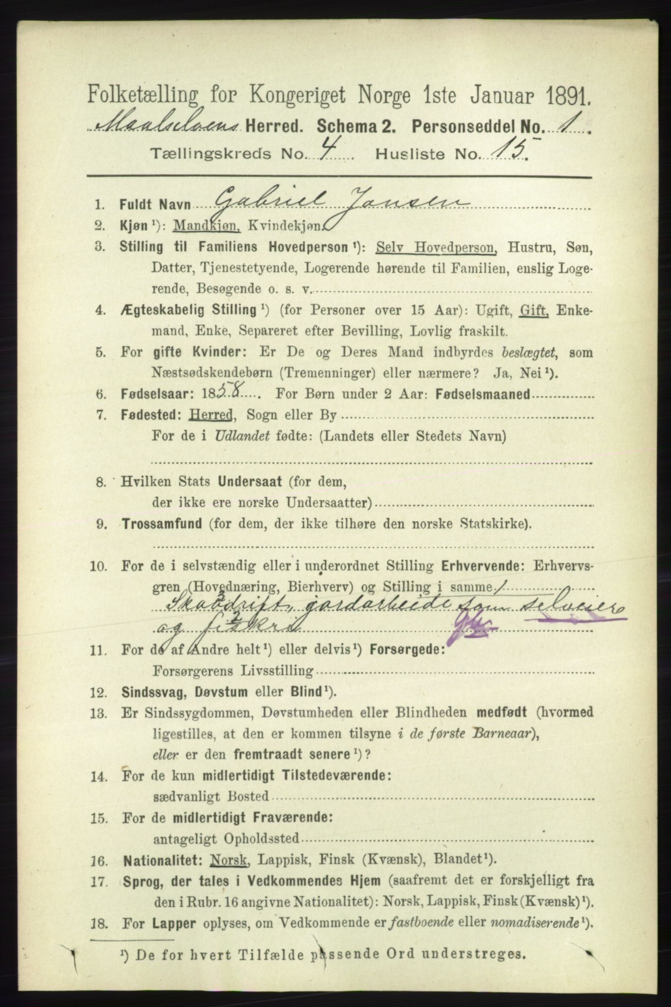 RA, 1891 census for 1924 Målselv, 1891, p. 1174