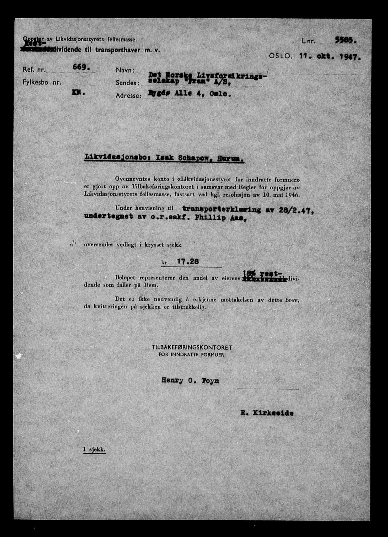 Justisdepartementet, Tilbakeføringskontoret for inndratte formuer, RA/S-1564/H/Hc/Hcd/L1005: --, 1945-1947, p. 265