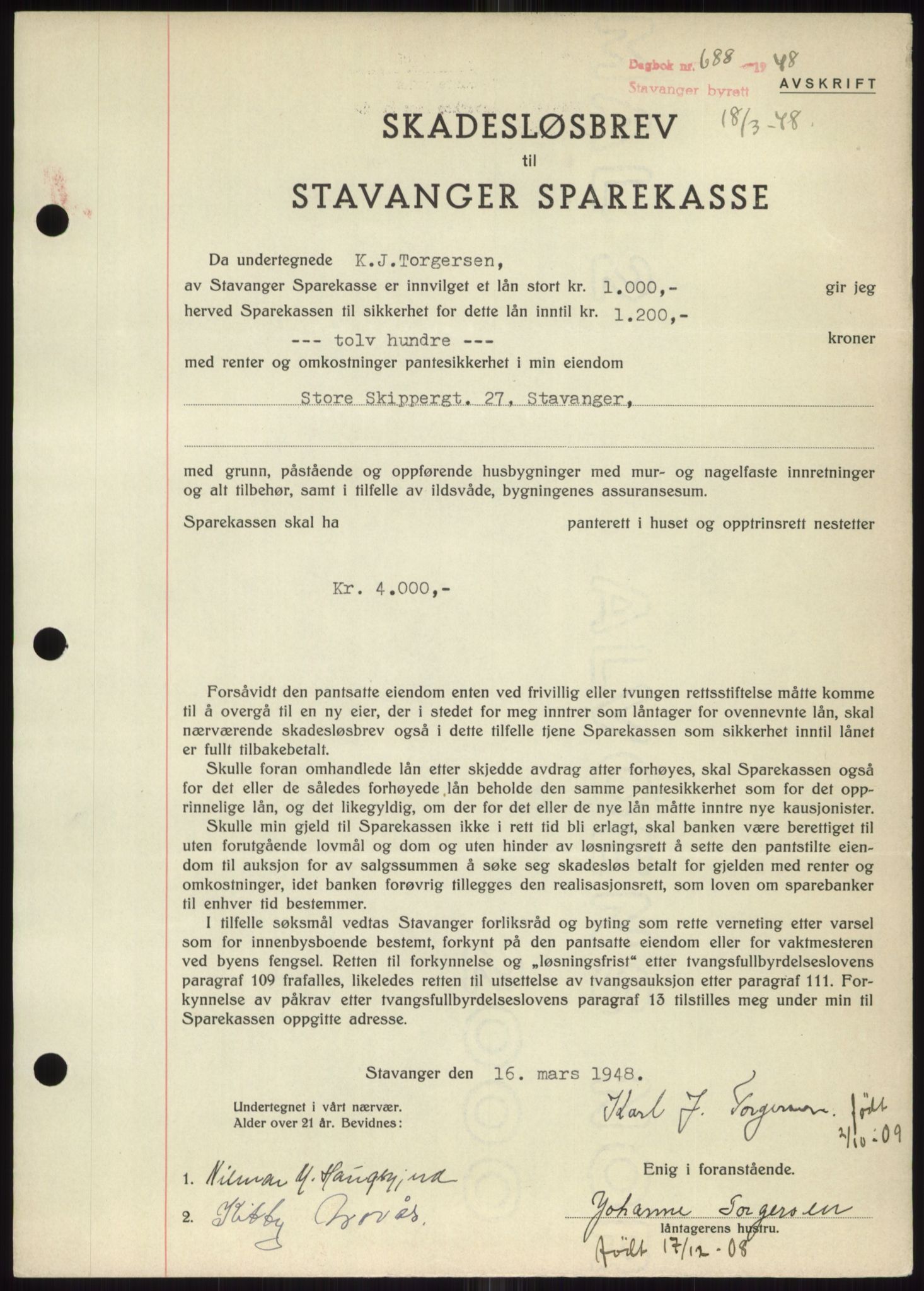 Stavanger byrett, SAST/A-100455/002/G/Gb/L0032: Mortgage book, 1947-1950, Diary no: : 688/1948