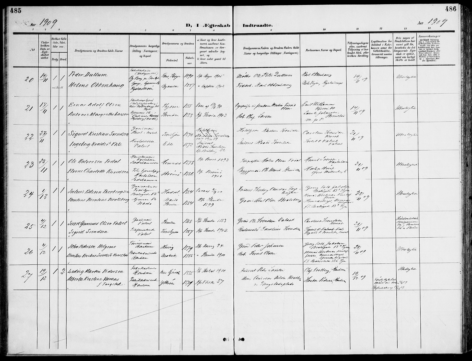 Ministerialprotokoller, klokkerbøker og fødselsregistre - Sør-Trøndelag, AV/SAT-A-1456/607/L0320: Parish register (official) no. 607A04, 1907-1915, p. 485-486
