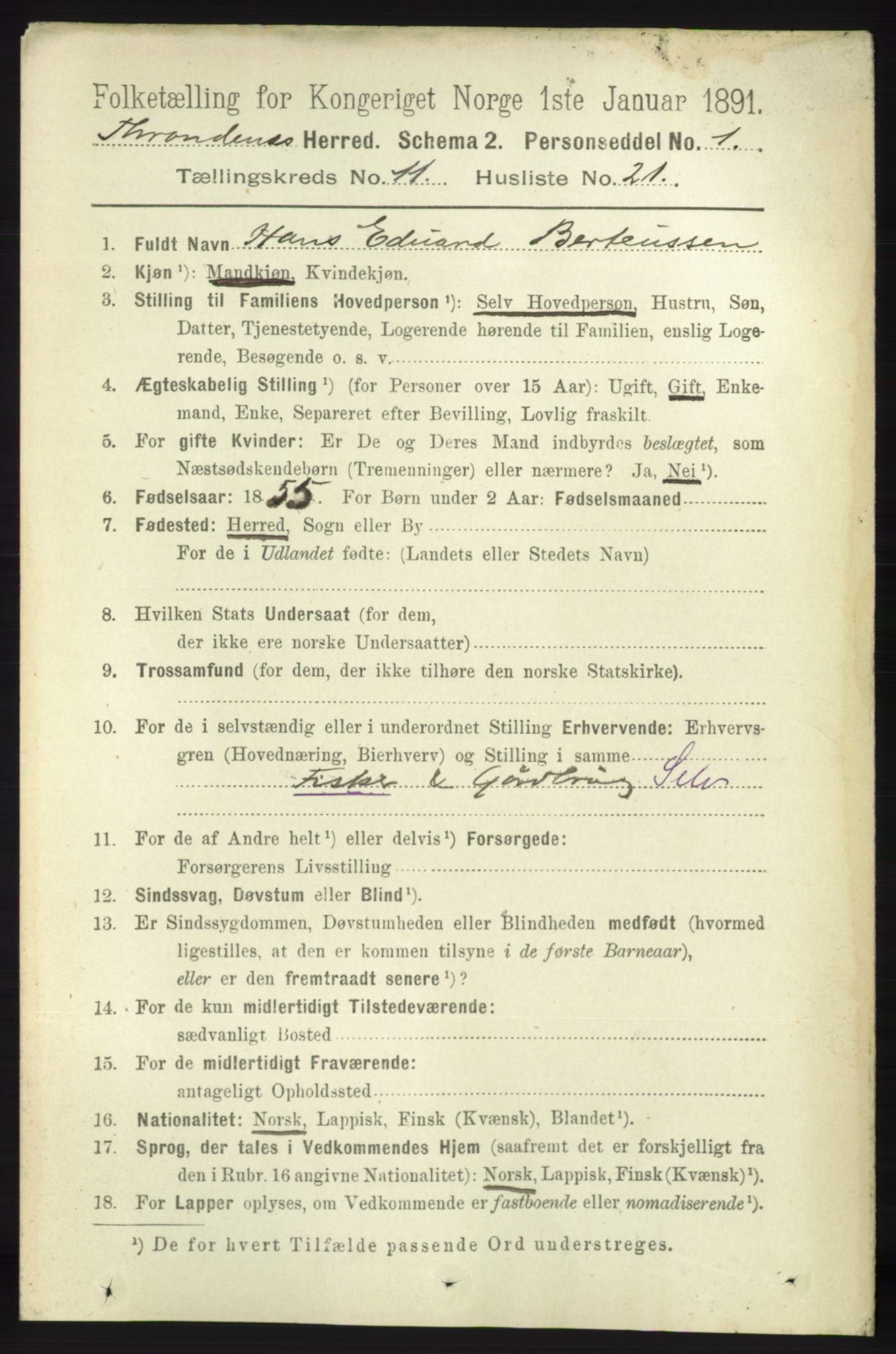 RA, 1891 census for 1914 Trondenes, 1891, p. 8135