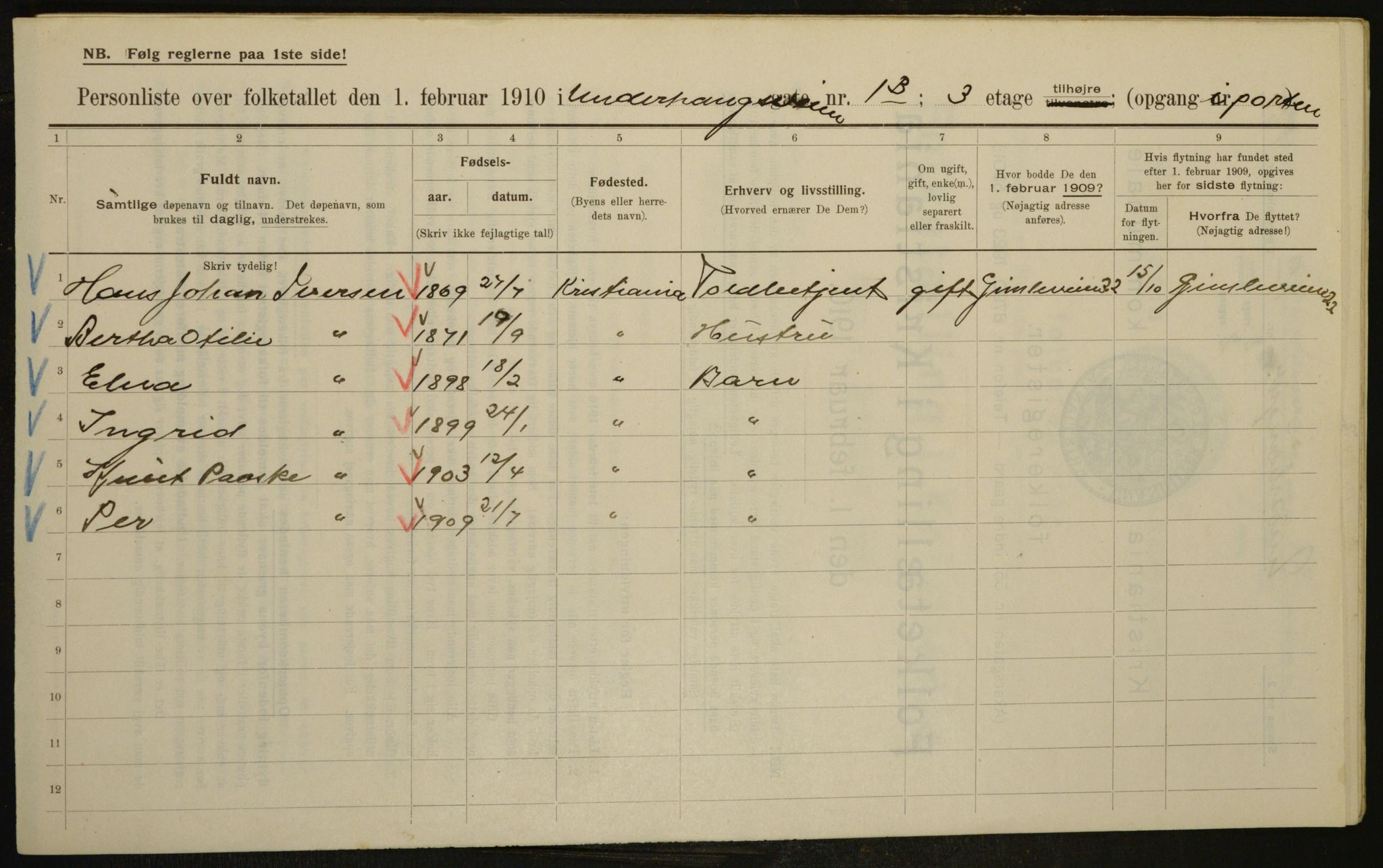 OBA, Municipal Census 1910 for Kristiania, 1910, p. 113510