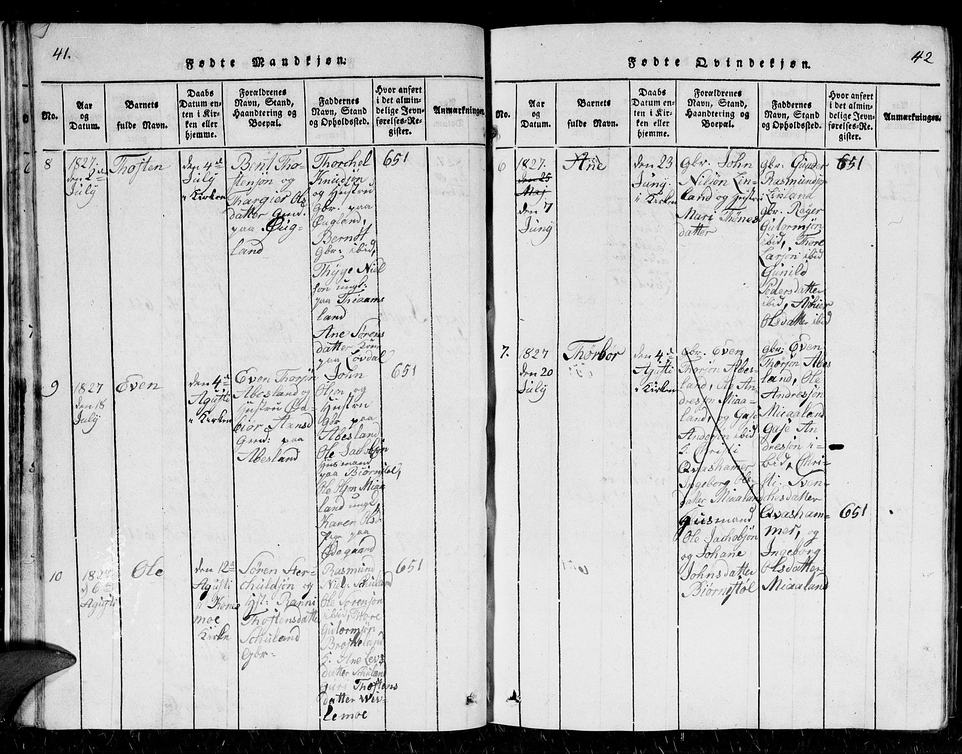 Holum sokneprestkontor, SAK/1111-0022/F/Fb/Fbb/L0001: Parish register (copy) no. B 1, 1820-1847, p. 41-42