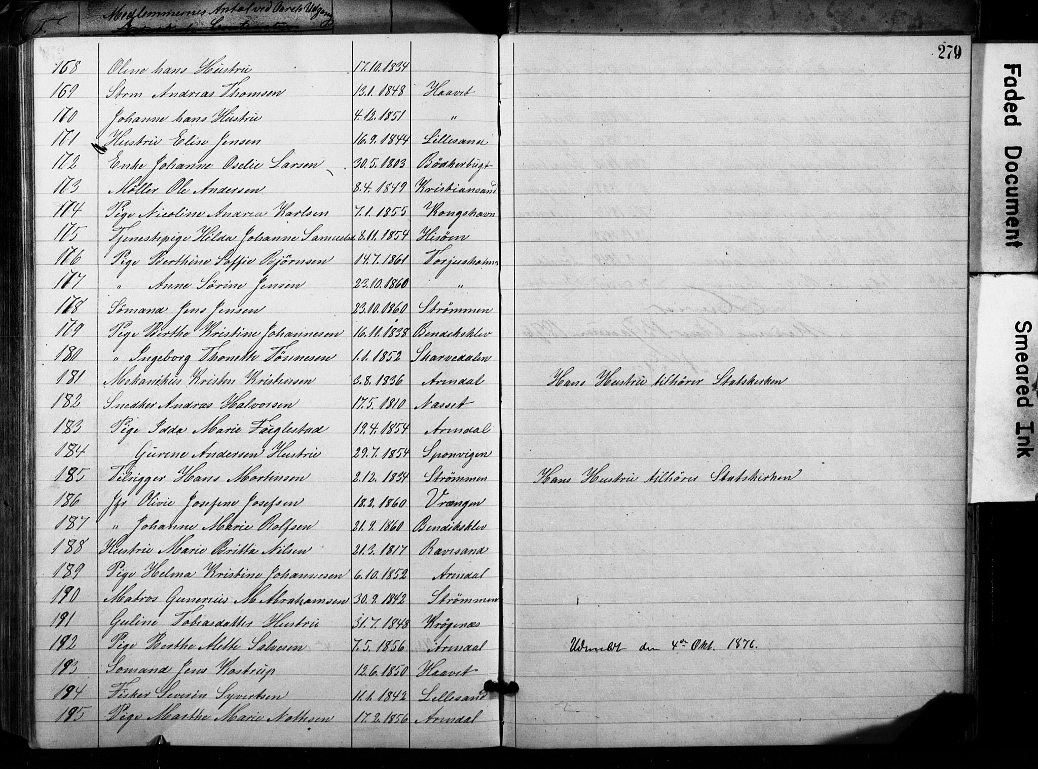 Metodistmenigheten, Arendal, AV/SAK-1292-0011/F/Fa/L0001: Dissenter register no. F-2, 1867-1879, p. 279