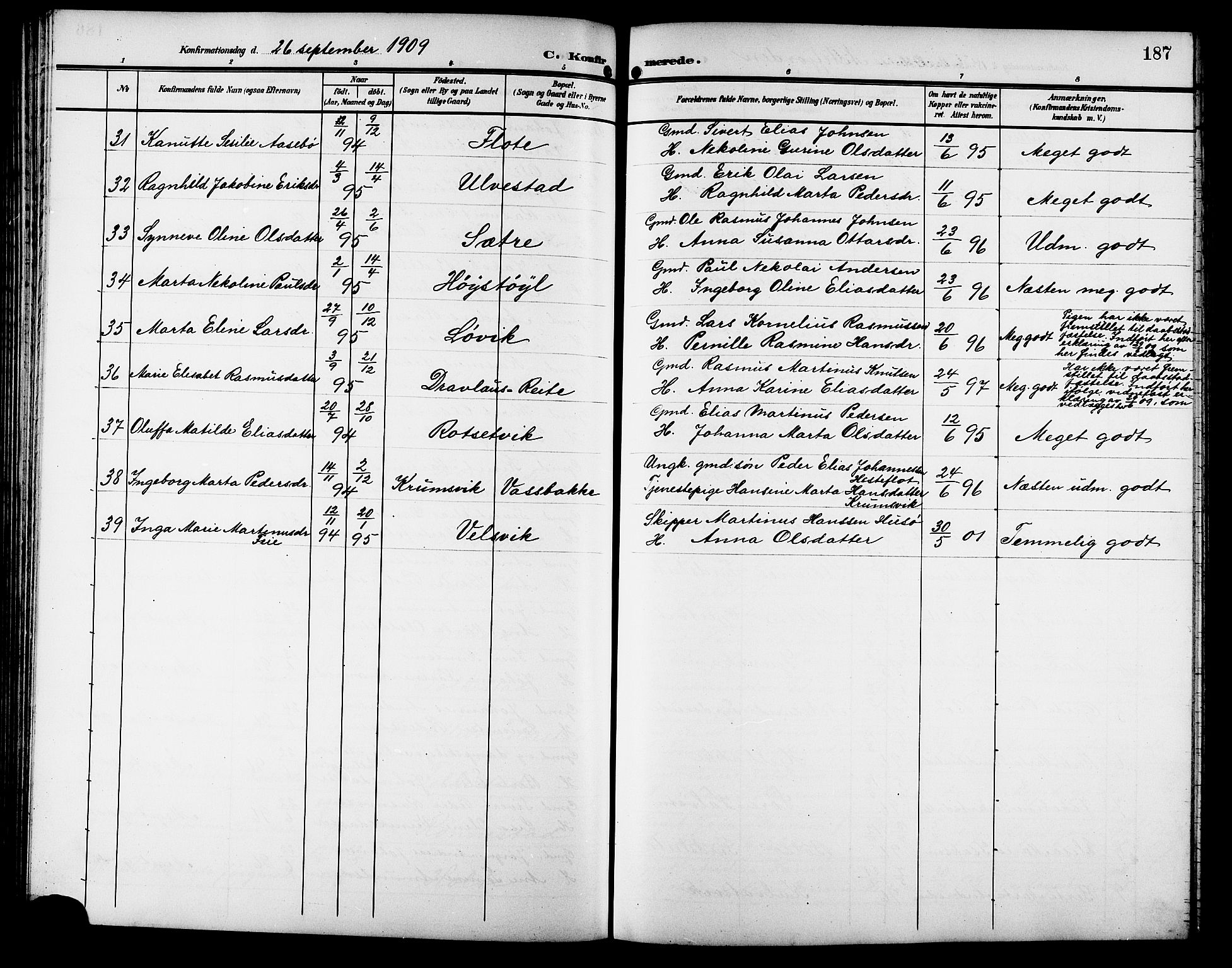 Ministerialprotokoller, klokkerbøker og fødselsregistre - Møre og Romsdal, AV/SAT-A-1454/511/L0159: Parish register (copy) no. 511C05, 1902-1920, p. 187