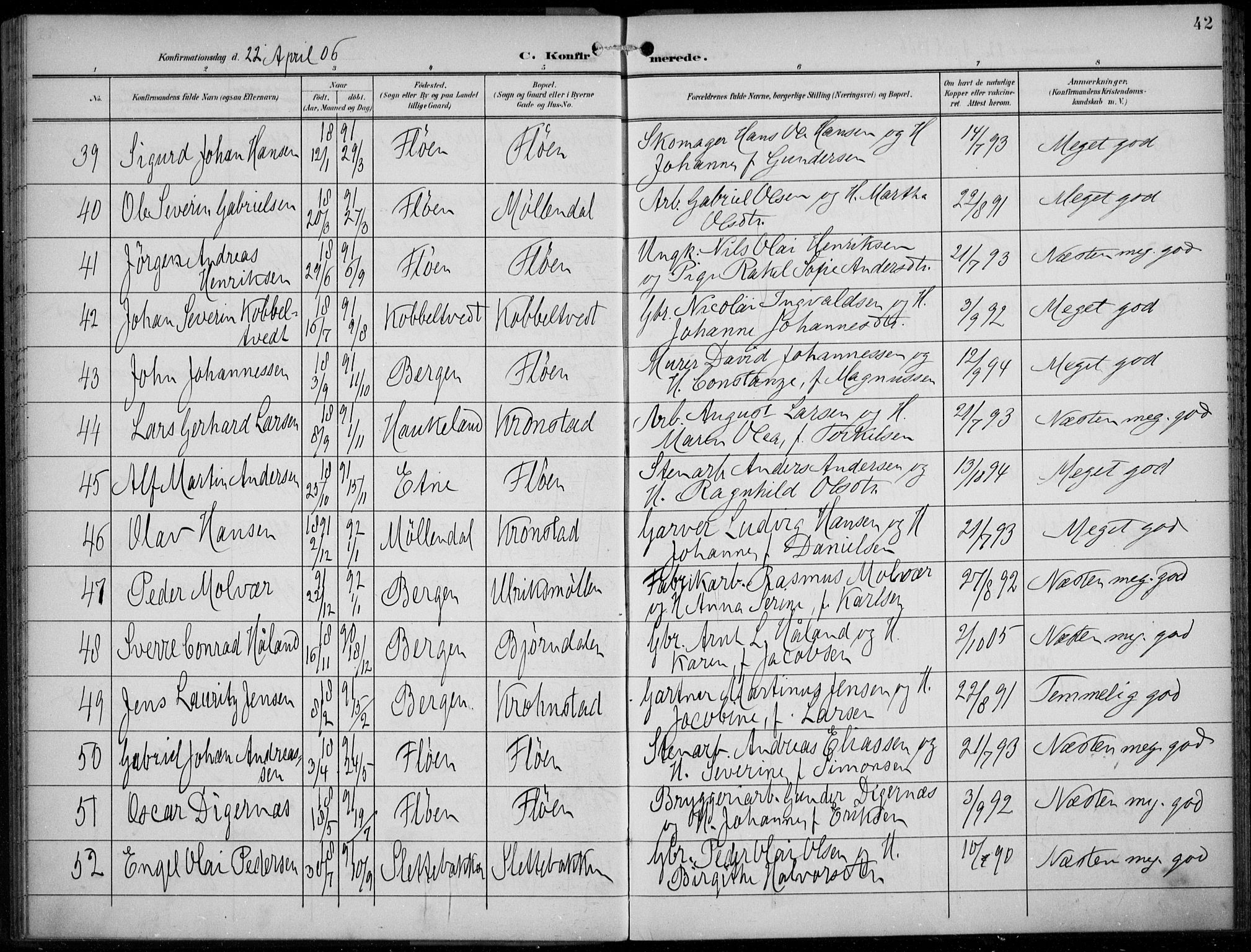 Årstad Sokneprestembete, SAB/A-79301/H/Haa/L0007: Parish register (official) no. B 2, 1901-1914, p. 42