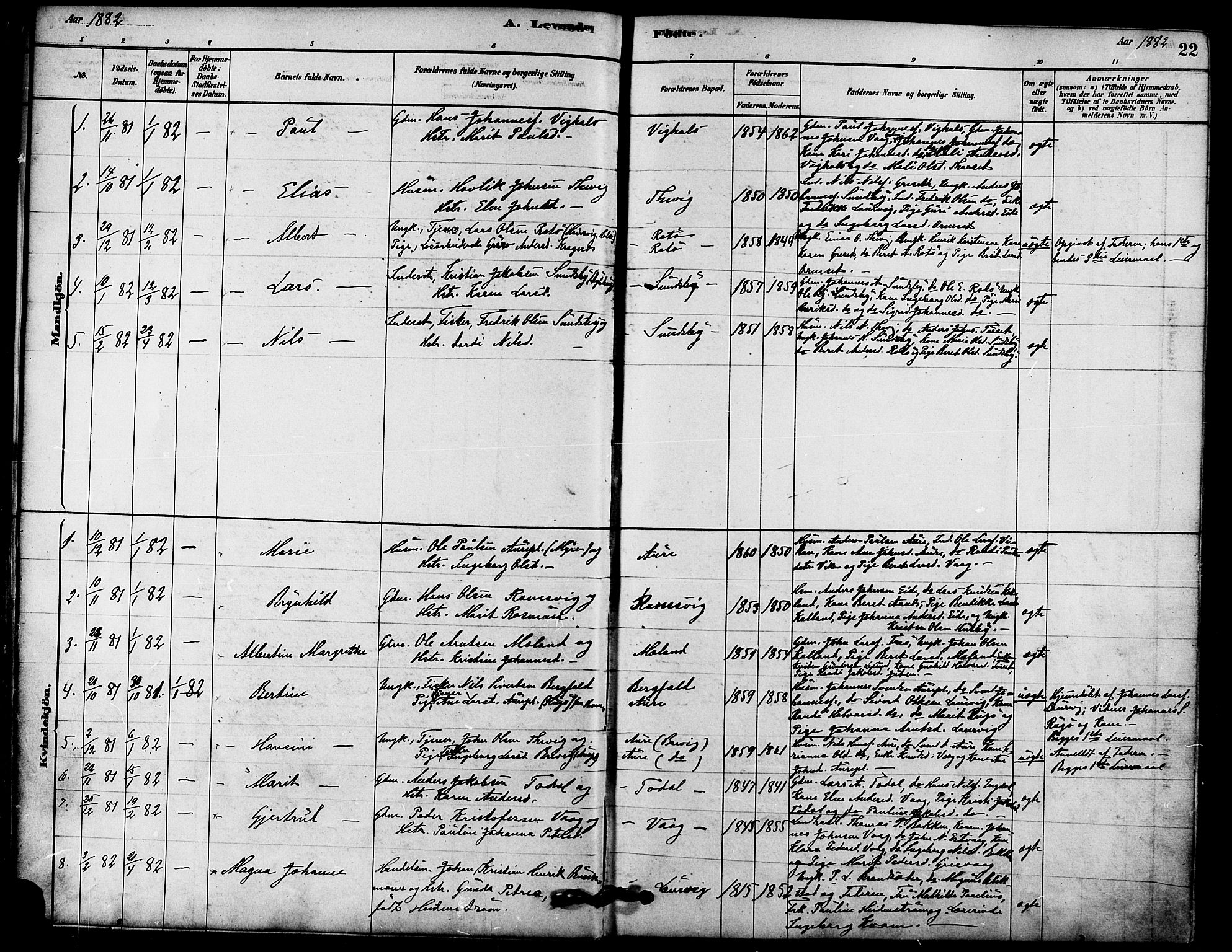 Ministerialprotokoller, klokkerbøker og fødselsregistre - Møre og Romsdal, SAT/A-1454/578/L0906: Parish register (official) no. 578A05, 1878-1886, p. 22