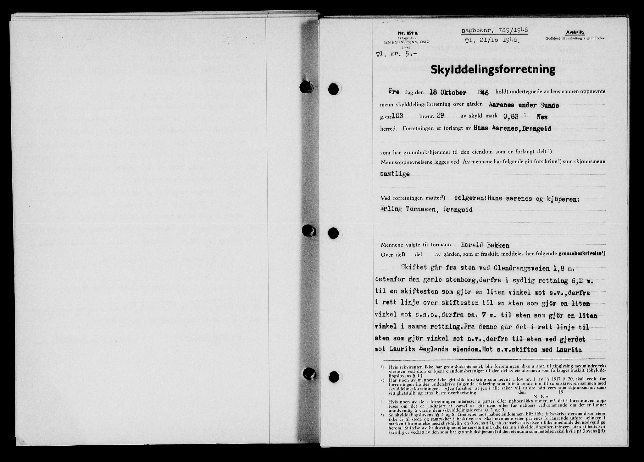 Flekkefjord sorenskriveri, SAK/1221-0001/G/Gb/Gba/L0061: Mortgage book no. A-9, 1946-1947, Diary no: : 789/1946