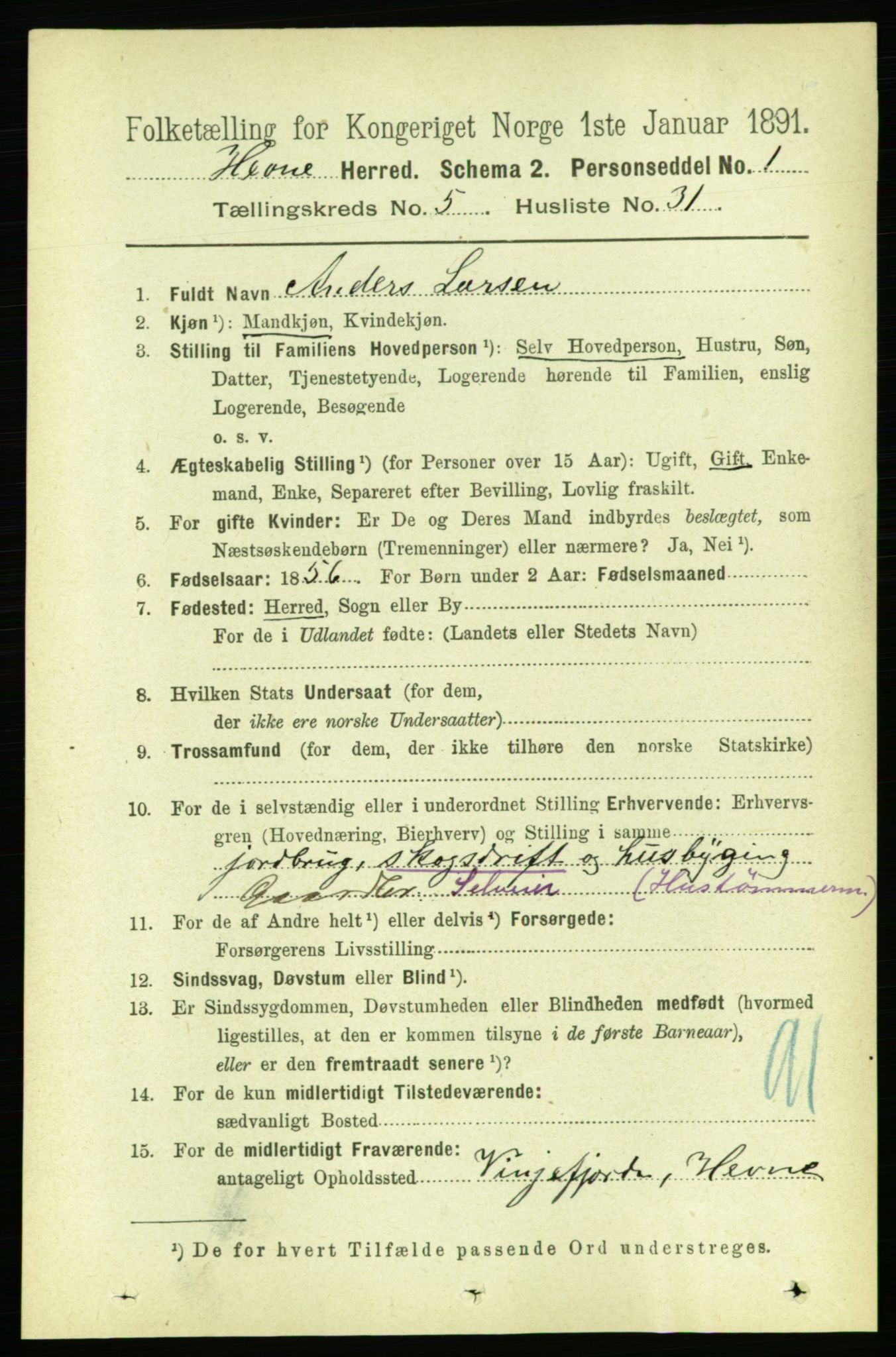 RA, 1891 census for 1612 Hemne, 1891, p. 2660