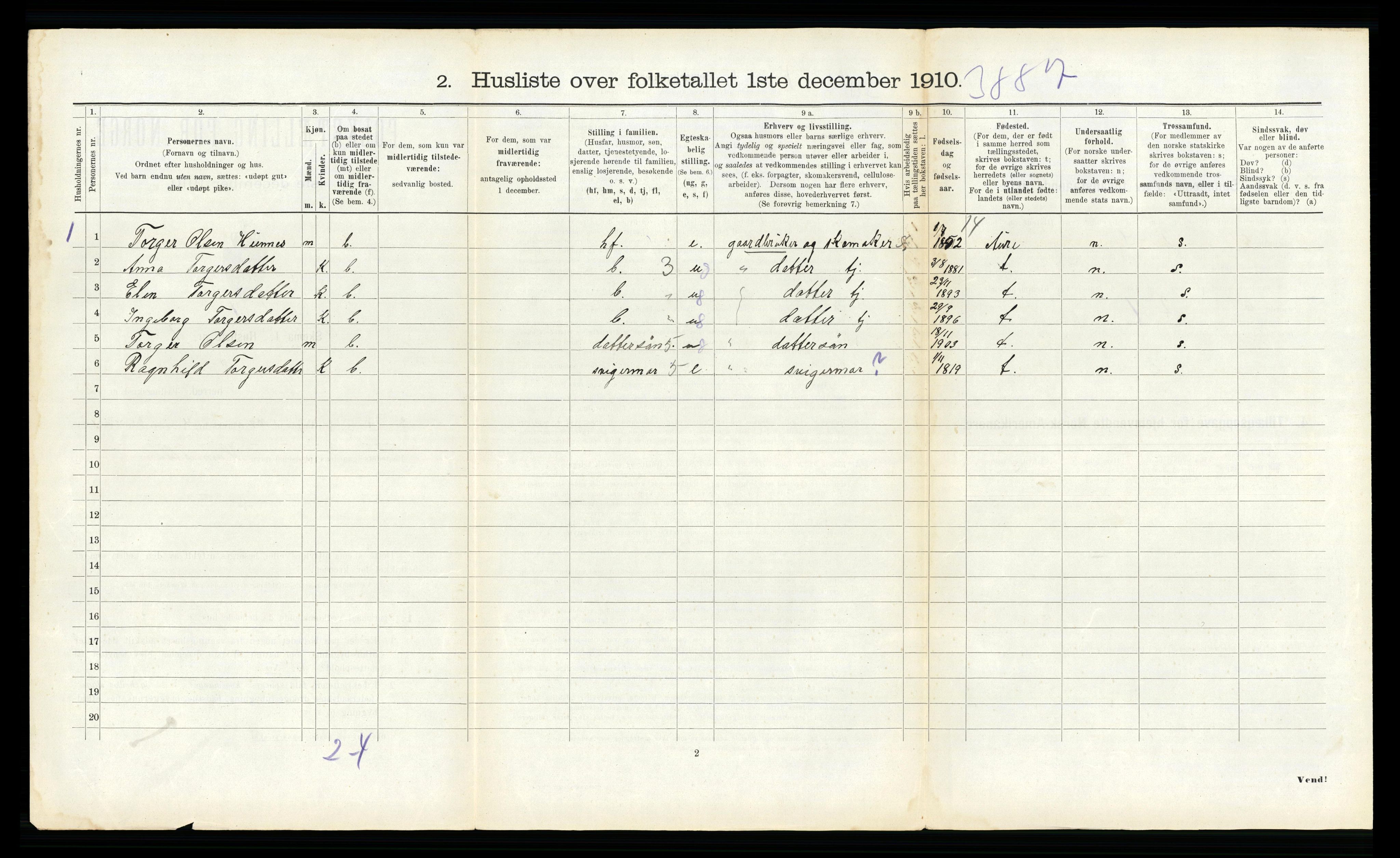 RA, 1910 census for Hemne, 1910, p. 1464