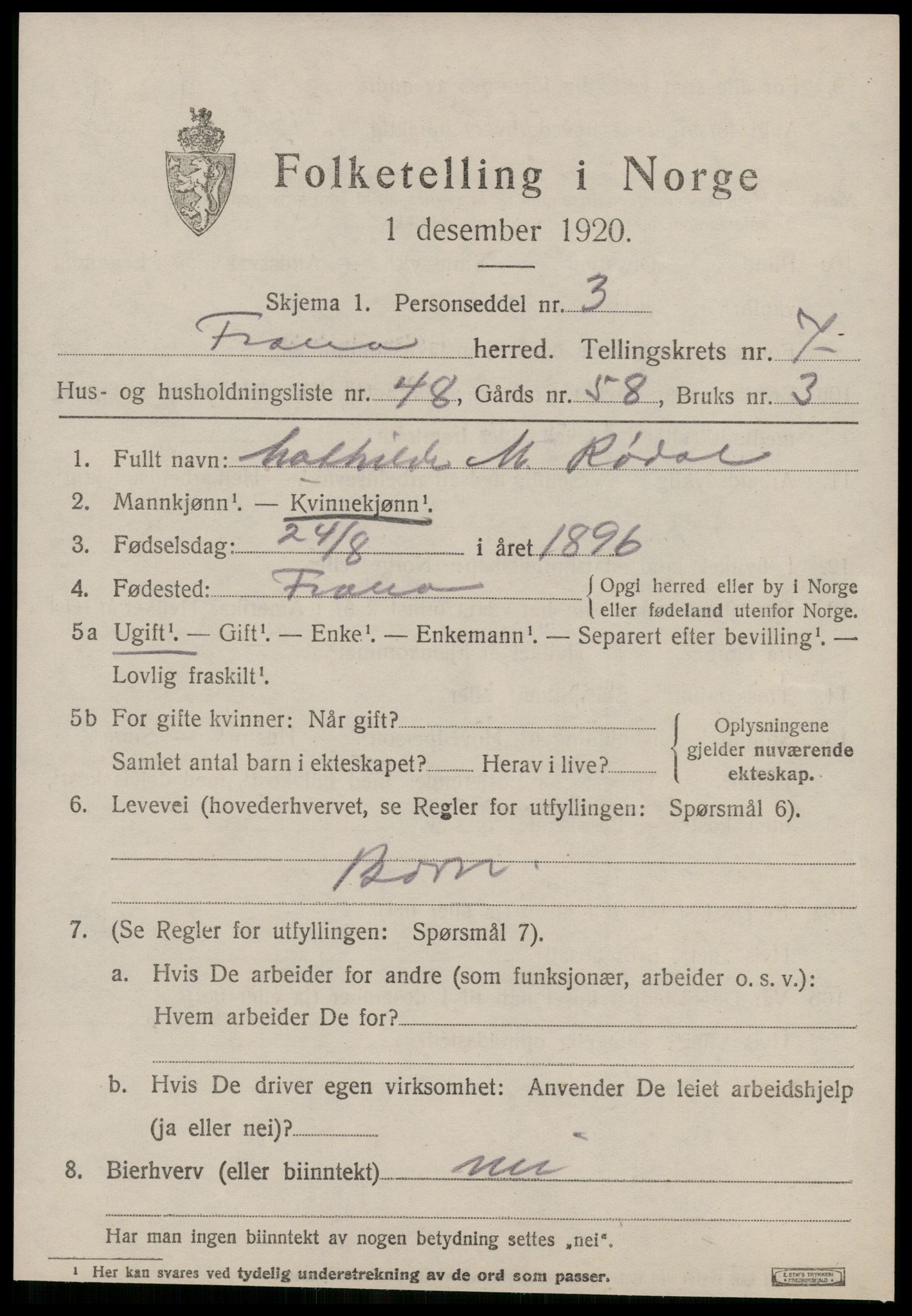 SAT, 1920 census for Fræna, 1920, p. 5087