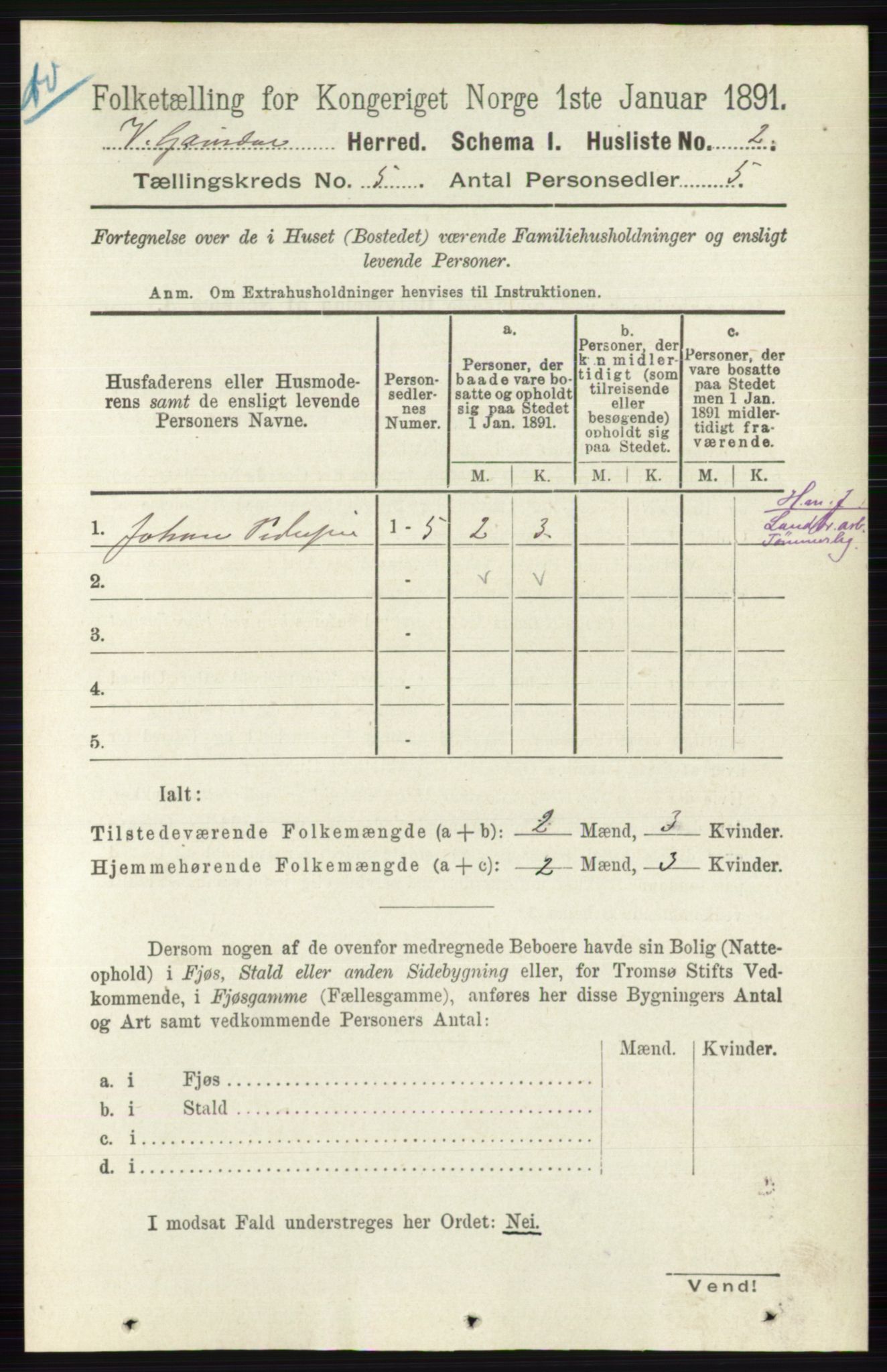 RA, 1891 census for 0523 Vestre Gausdal, 1891, p. 2119