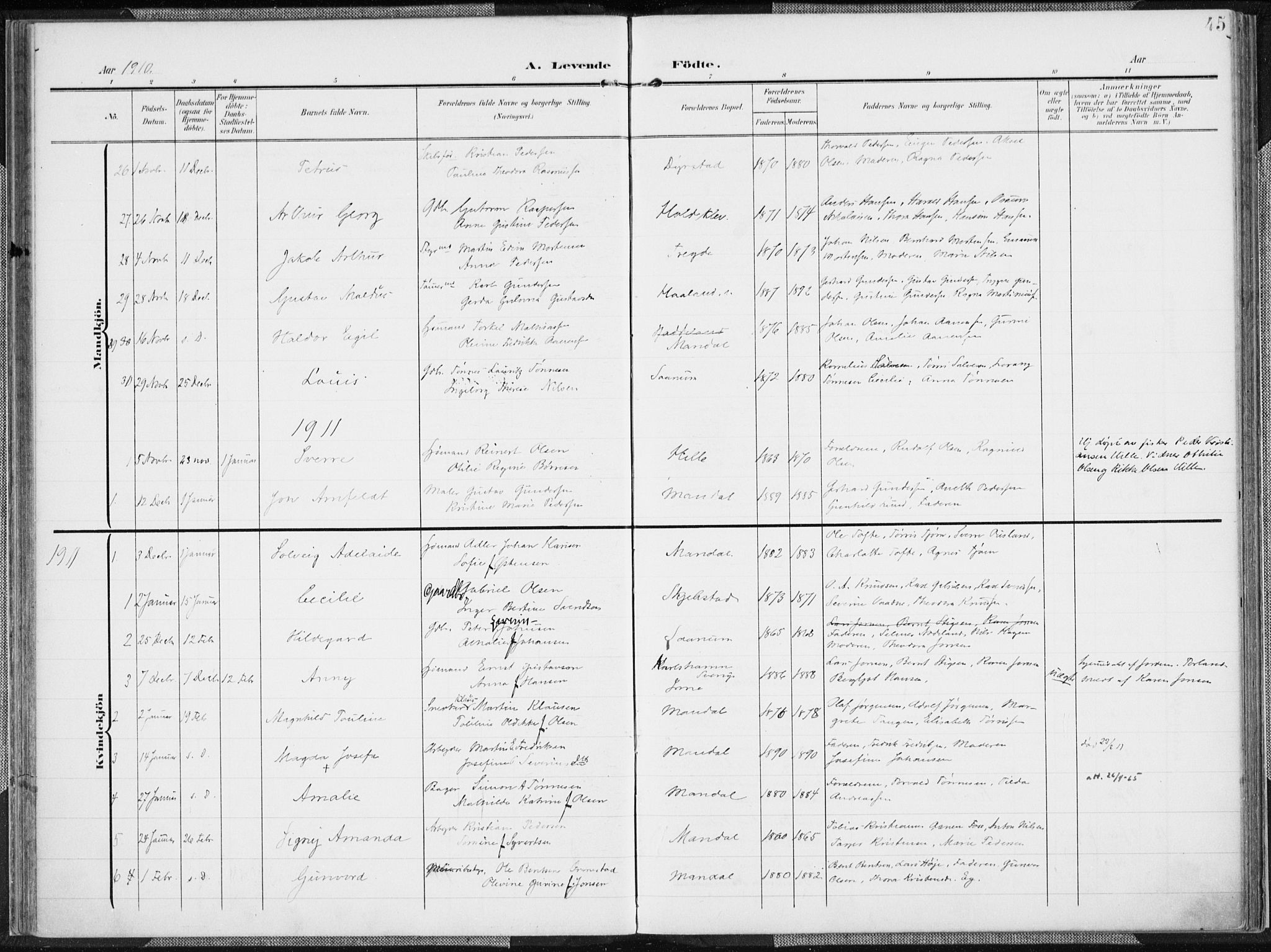 Mandal sokneprestkontor, AV/SAK-1111-0030/F/Fa/Faa/L0020: Parish register (official) no. A 20, 1906-1912, p. 45